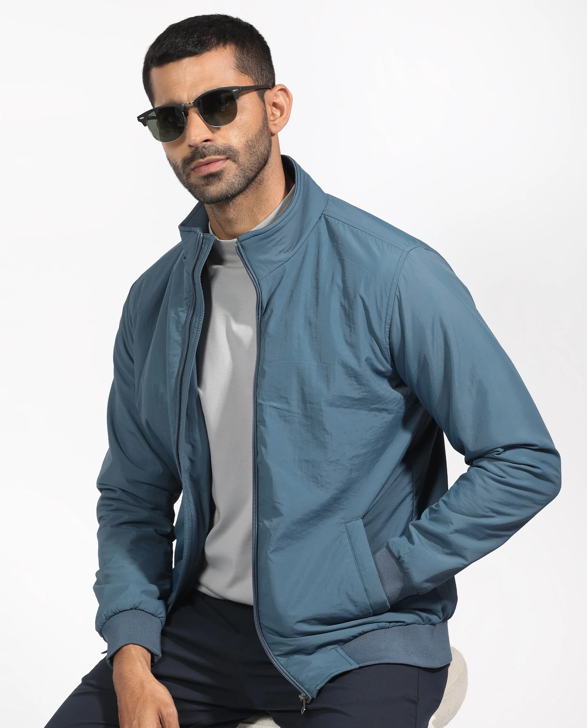 Rare Rabbit Men's Cerno Dark Petrol Polyester Plain Regular Fit Full Sleeve Mandarin Collar Jacket