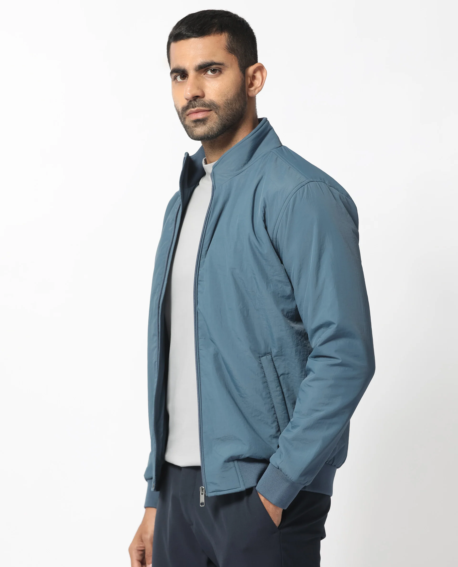 Rare Rabbit Men's Cerno Dark Petrol Polyester Plain Regular Fit Full Sleeve Mandarin Collar Jacket - Image 2