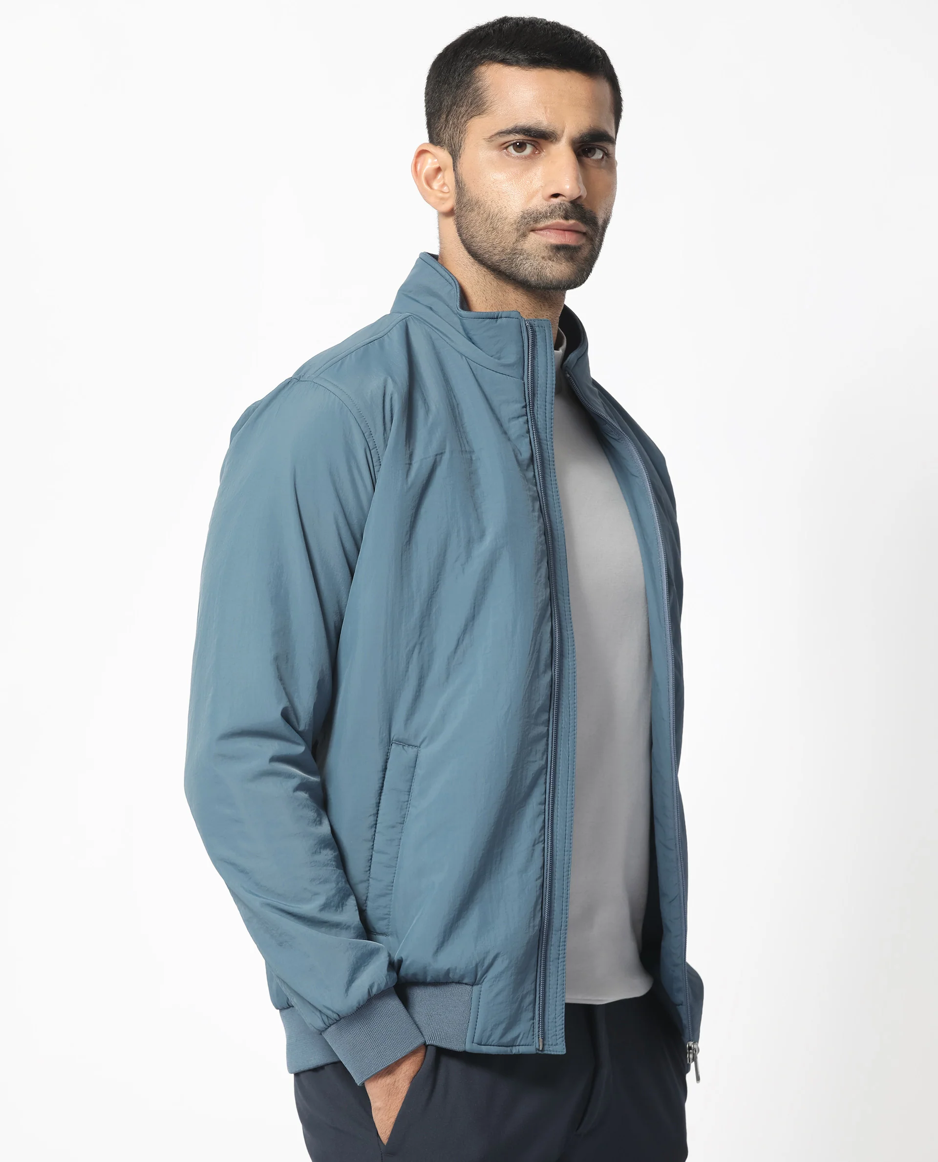Rare Rabbit Men's Cerno Dark Petrol Polyester Plain Regular Fit Full Sleeve Mandarin Collar Jacket - Image 3