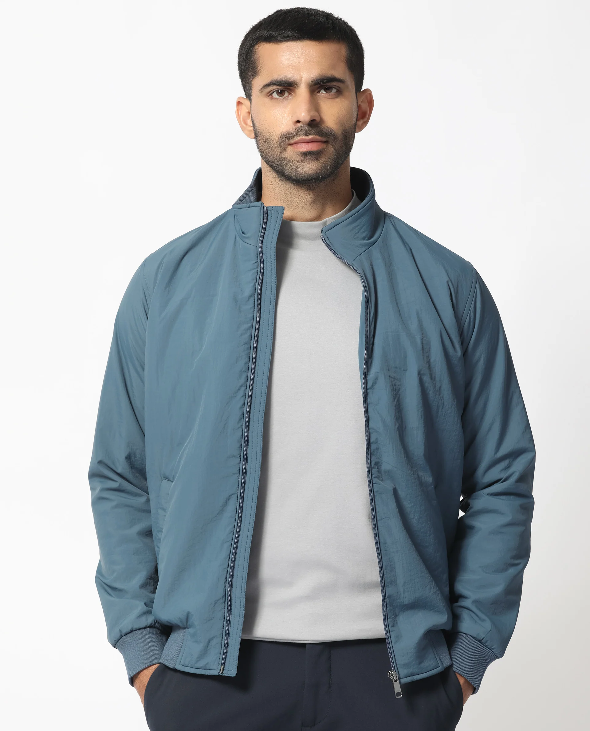 Rare Rabbit Men's Cerno Dark Petrol Polyester Plain Regular Fit Full Sleeve Mandarin Collar Jacket - Image 4