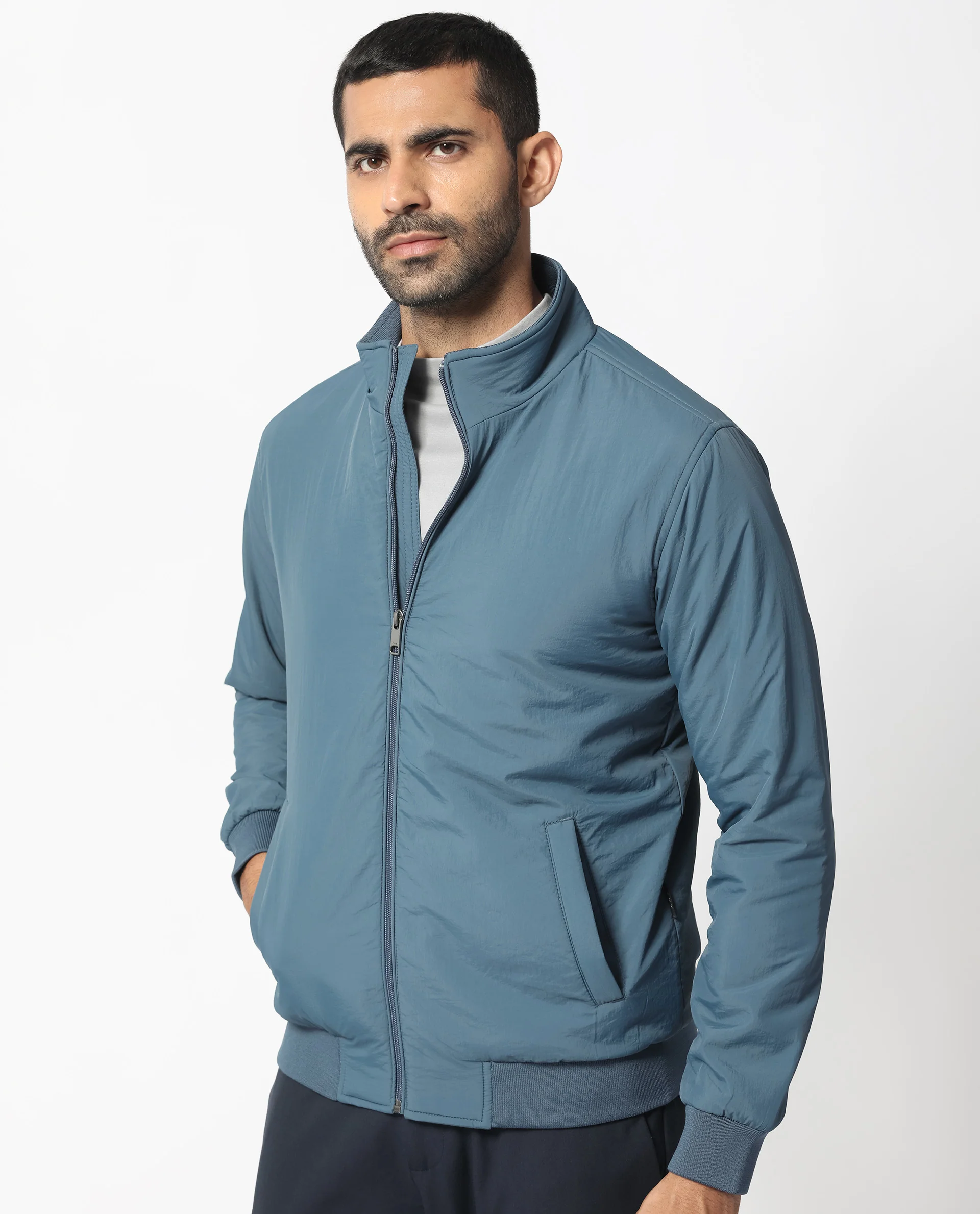 Rare Rabbit Men's Cerno Dark Petrol Polyester Plain Regular Fit Full Sleeve Mandarin Collar Jacket - Image 8