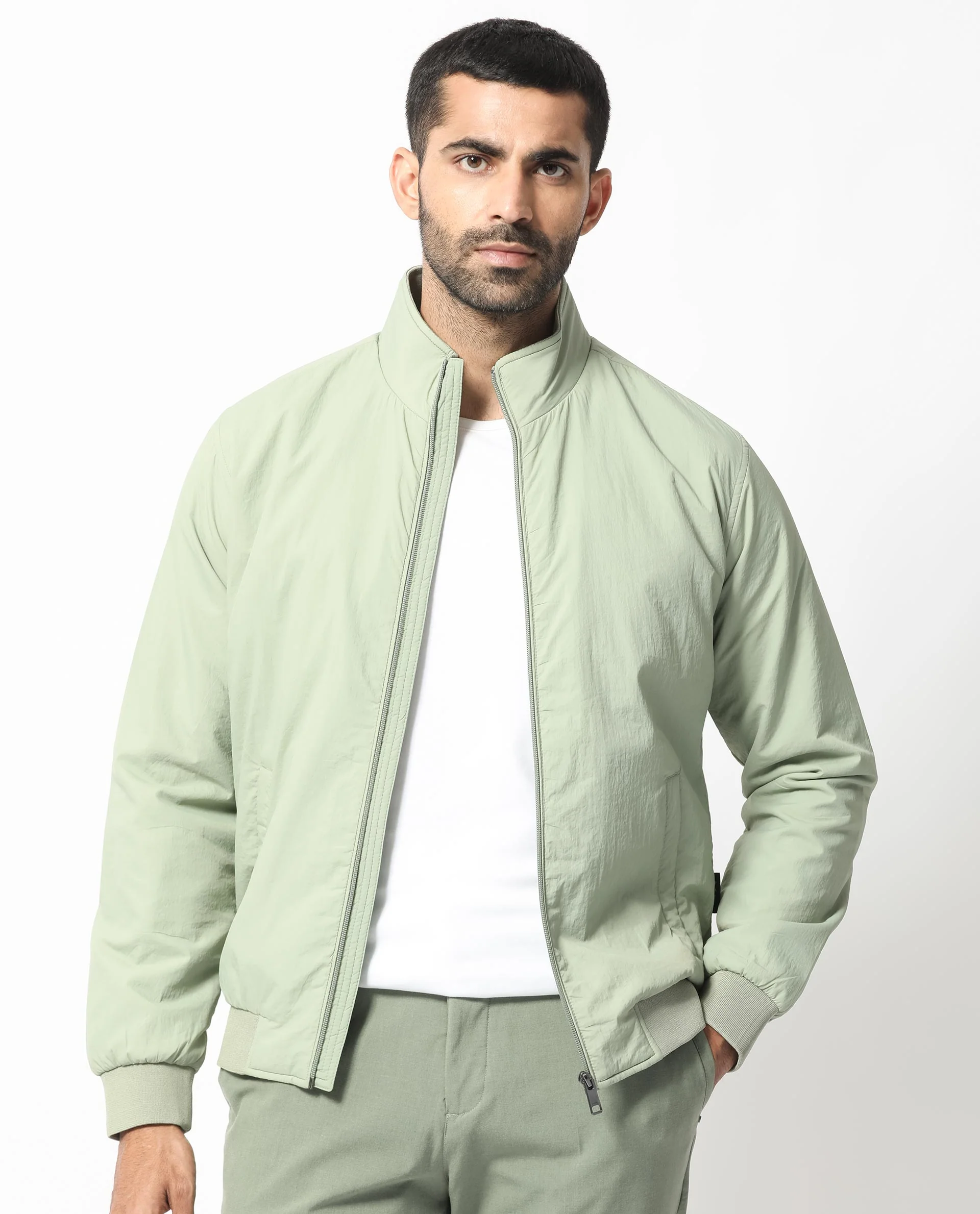 Rare Rabbit Men's Cerno Pastel Green Polyester Plain Regular Fit Full Sleeve Mandarin Collar Jacket