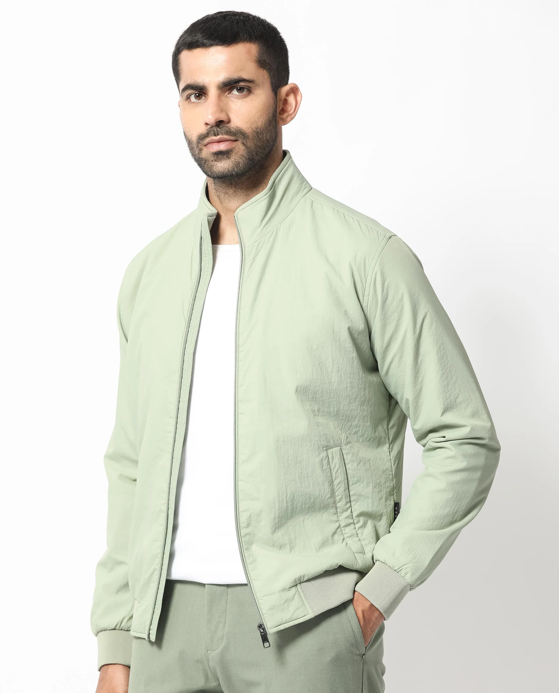 Rare Rabbit Men's Cerno Pastel Green Polyester Plain Regular Fit Full Sleeve Mandarin Collar Jacket - Image 11