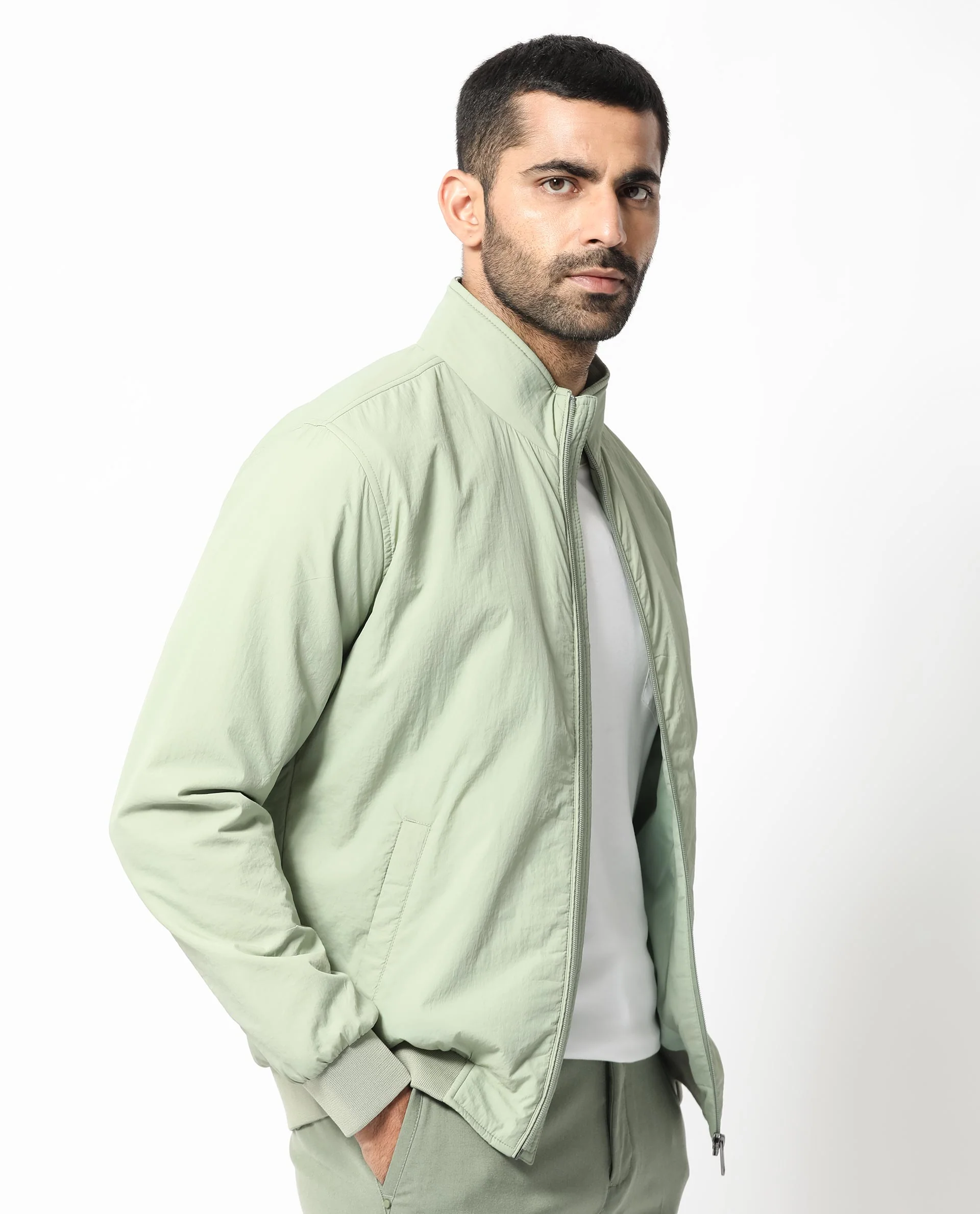 Rare Rabbit Men's Cerno Pastel Green Polyester Plain Regular Fit Full Sleeve Mandarin Collar Jacket - Image 12