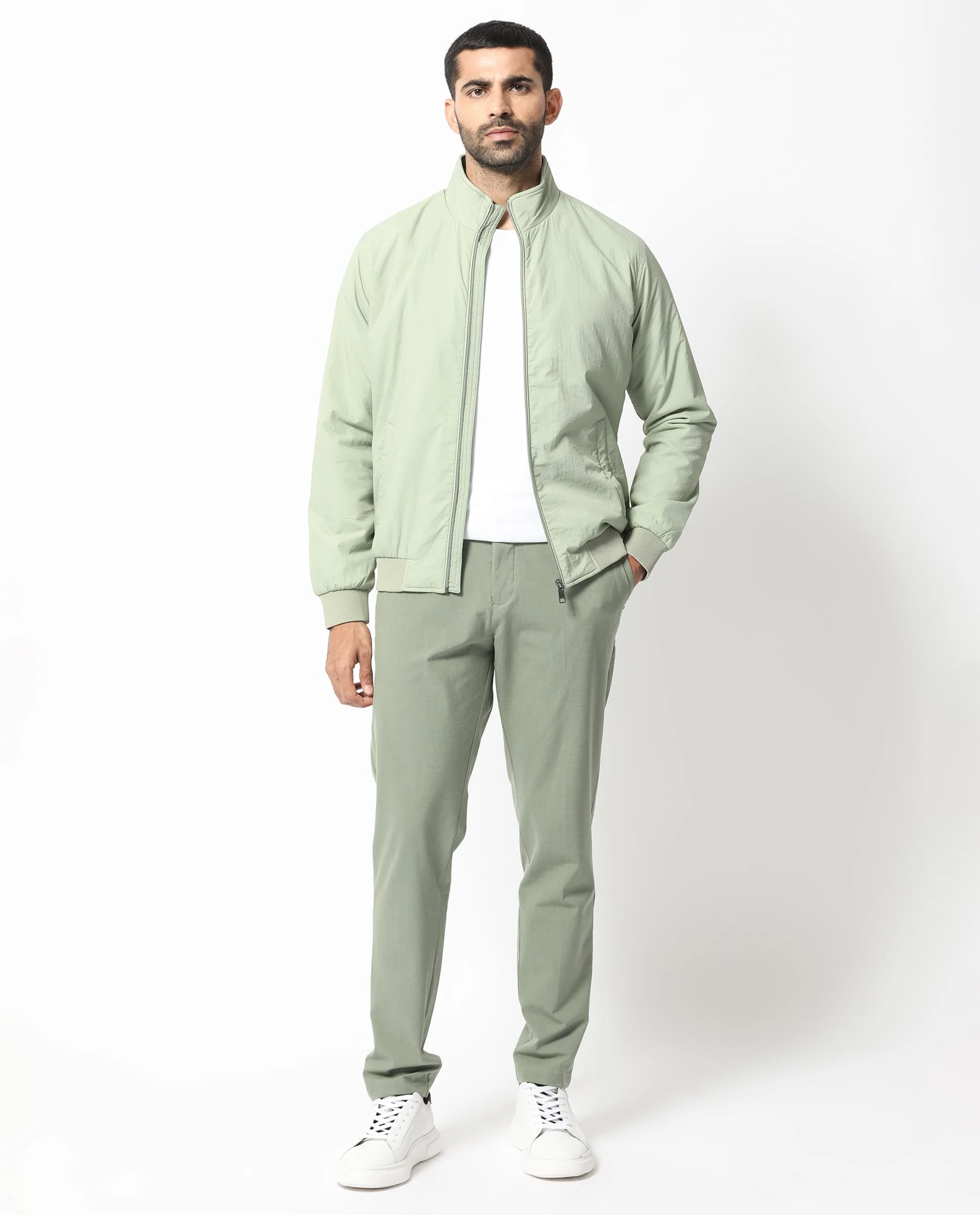Rare Rabbit Men's Cerno Pastel Green Polyester Plain Regular Fit Full Sleeve Mandarin Collar Jacket - Image 2