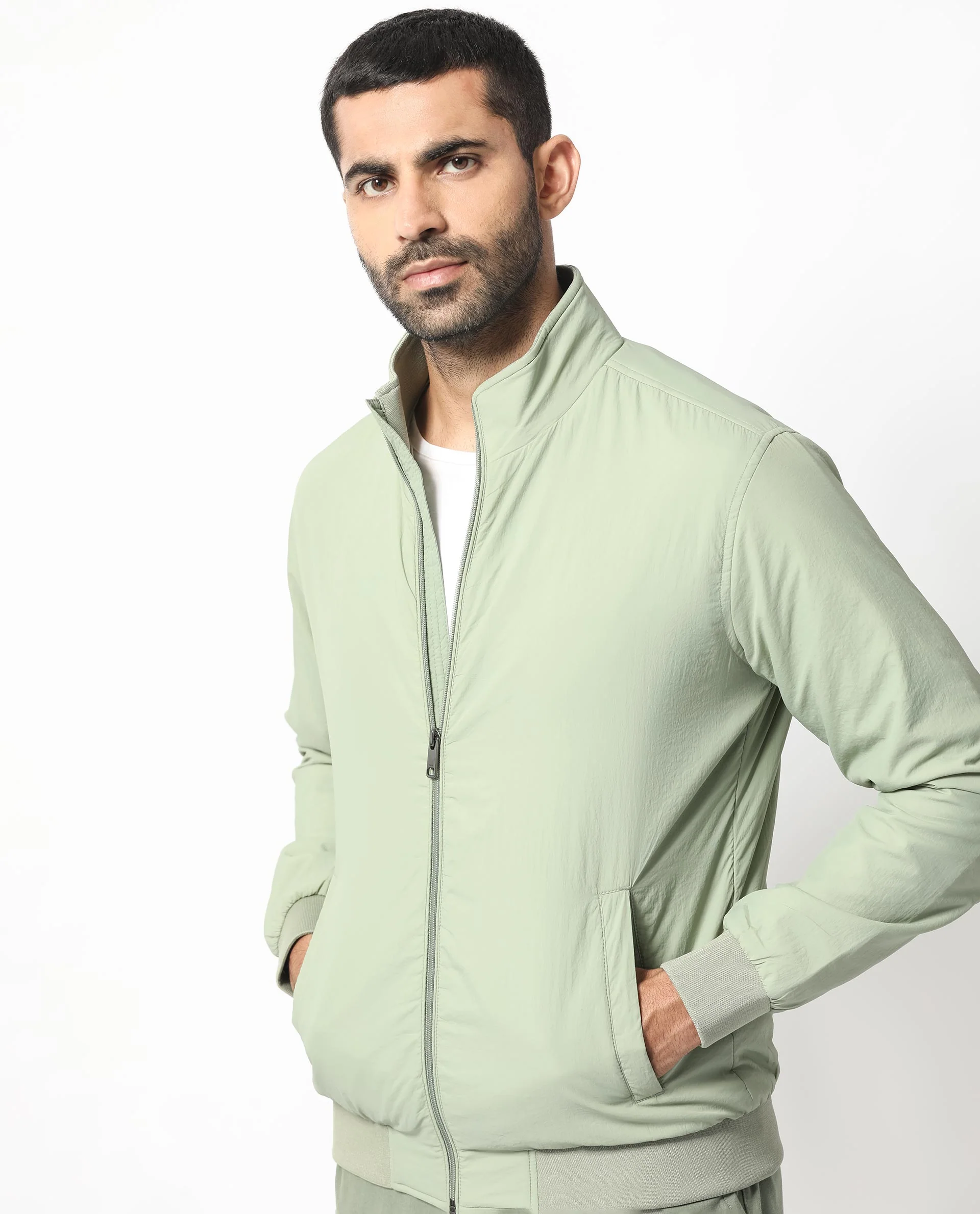 Rare Rabbit Men's Cerno Pastel Green Polyester Plain Regular Fit Full Sleeve Mandarin Collar Jacket - Image 3