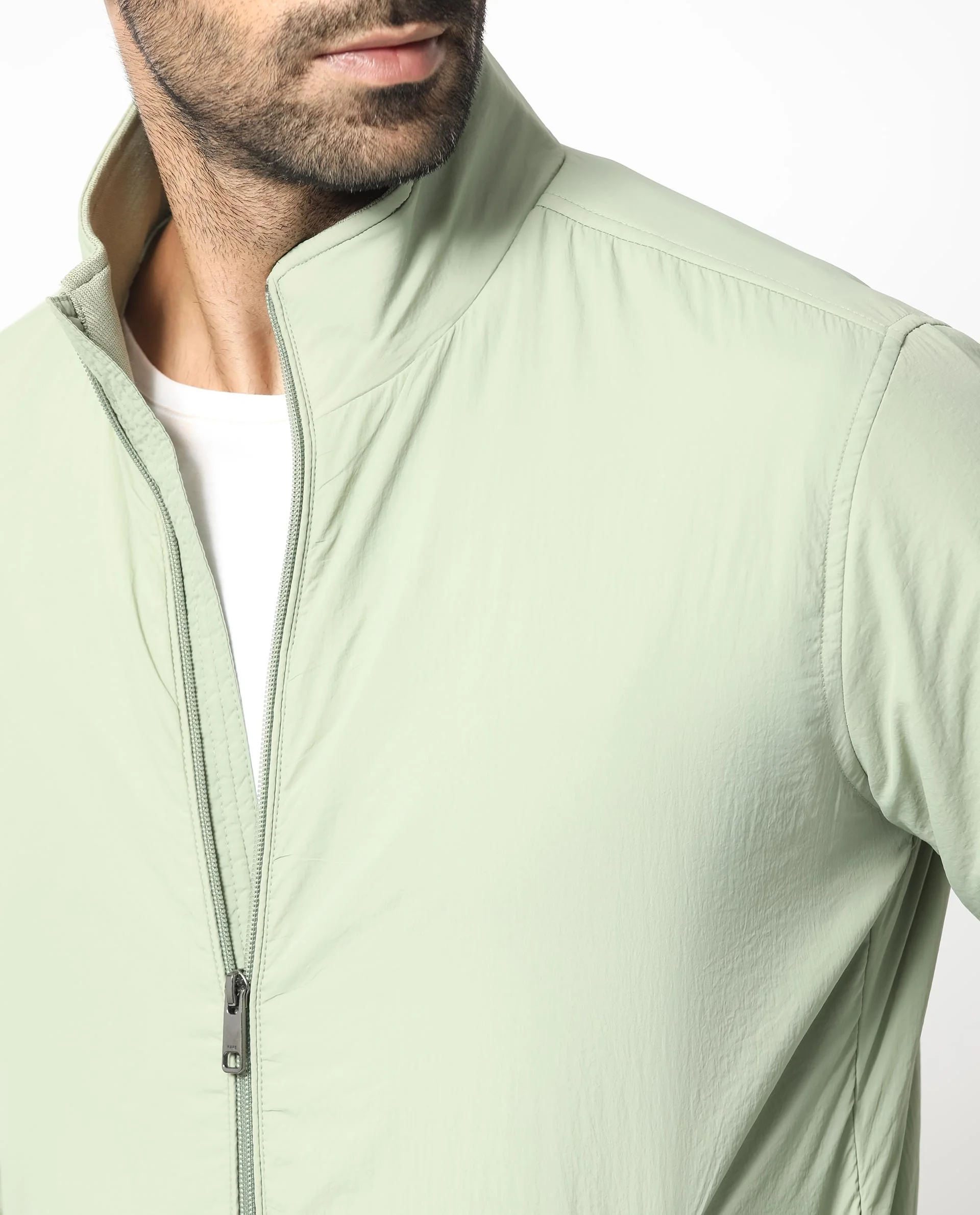 Rare Rabbit Men's Cerno Pastel Green Polyester Plain Regular Fit Full Sleeve Mandarin Collar Jacket - Image 4