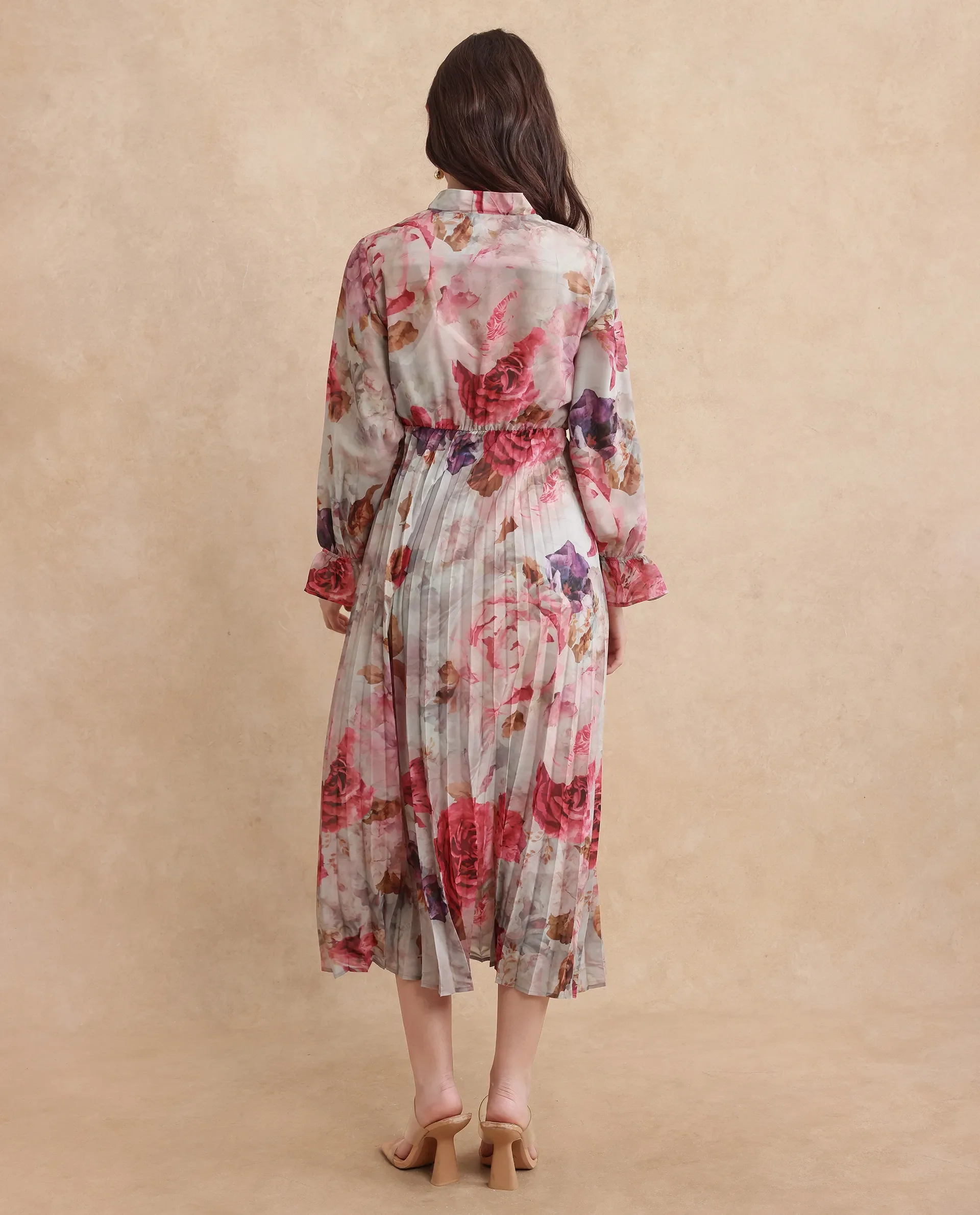 Rareism Women's Cerno Multi Polyester Blend Tie-Up Neck Floral Print Maxi Flared Dress - Image 10