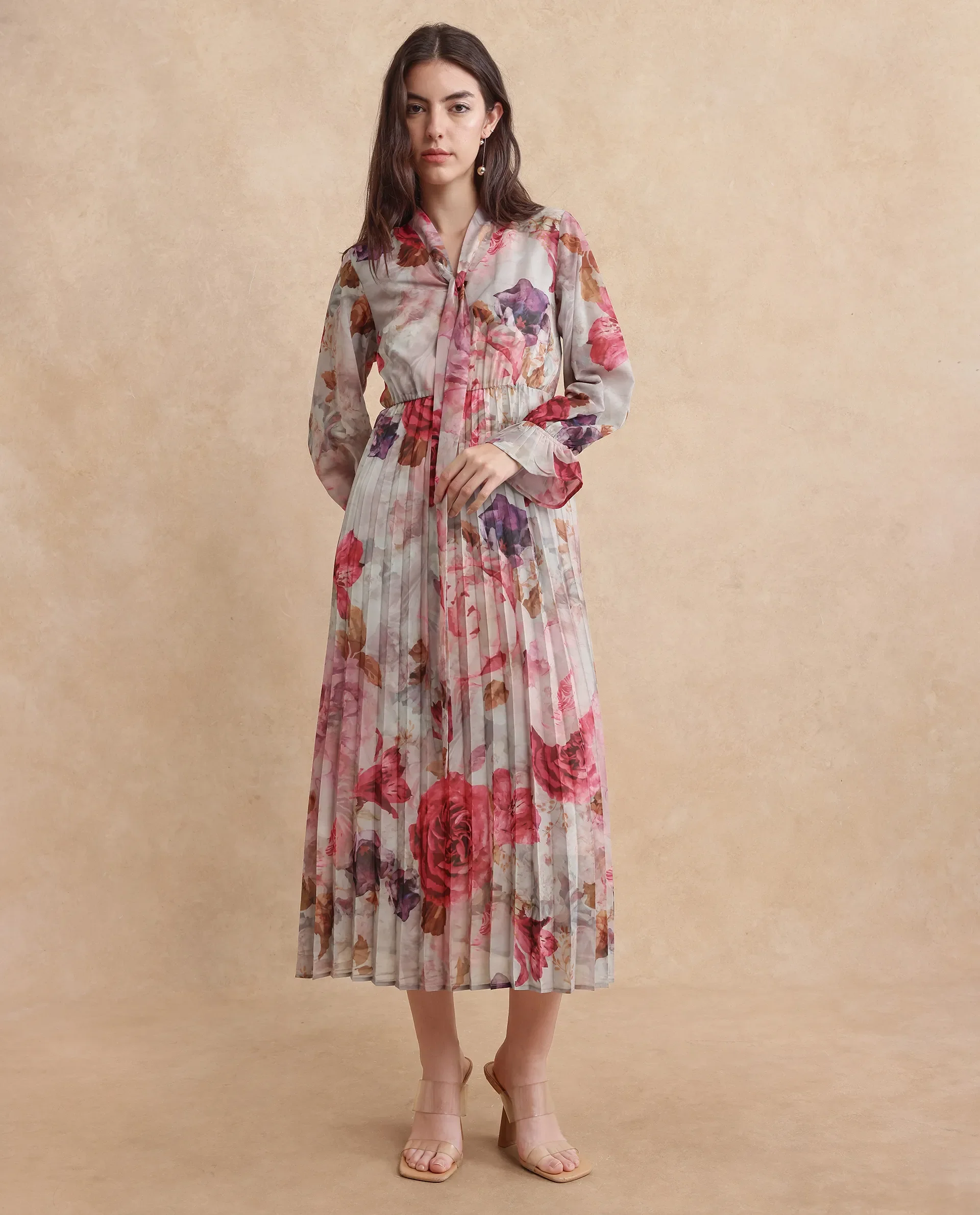 Rareism Women's Cerno Multi Polyester Blend Tie-Up Neck Floral Print Maxi Flared Dress - Image 2