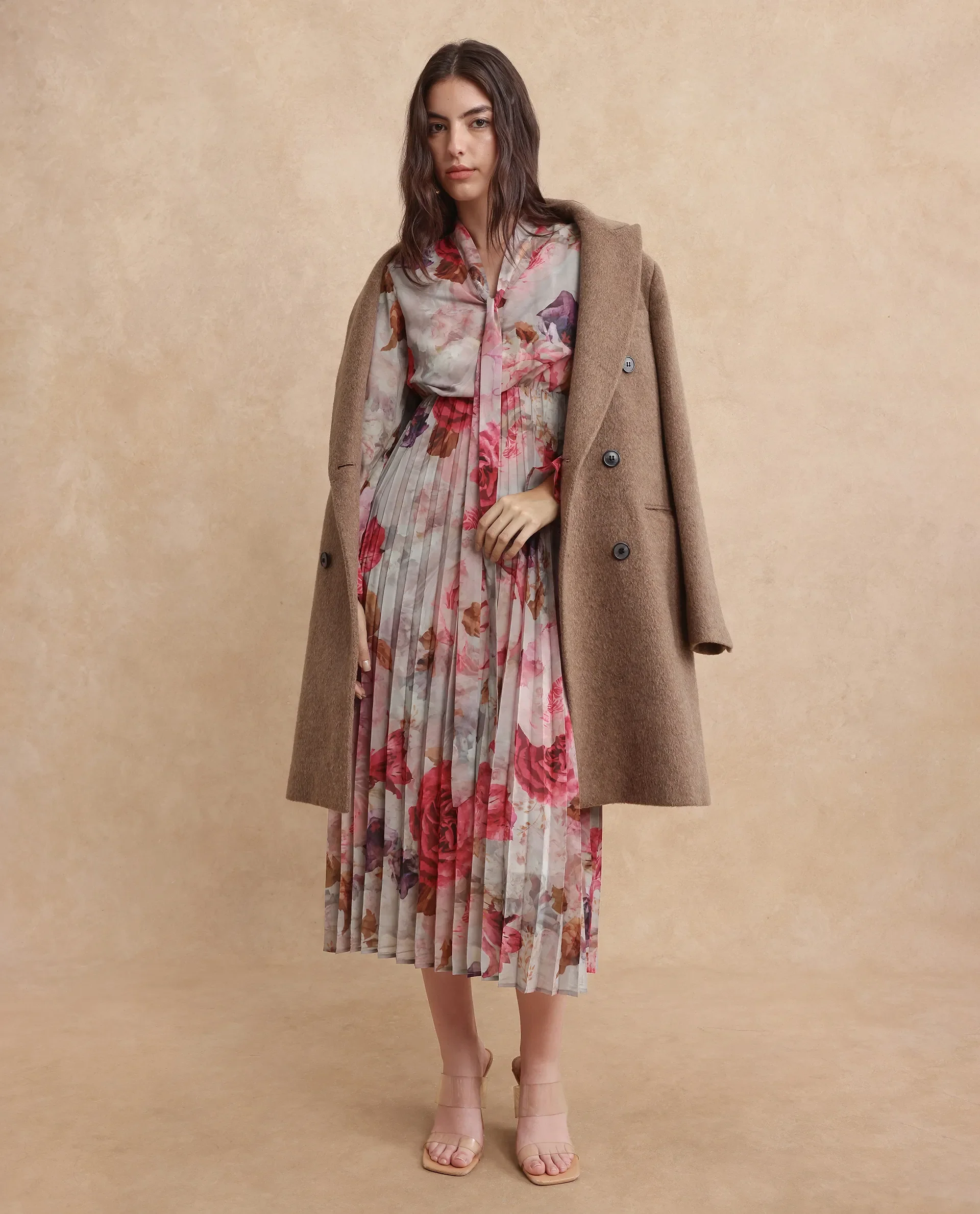 Rareism Women's Cerno Multi Polyester Blend Tie-Up Neck Floral Print Maxi Flared Dress - Image 3