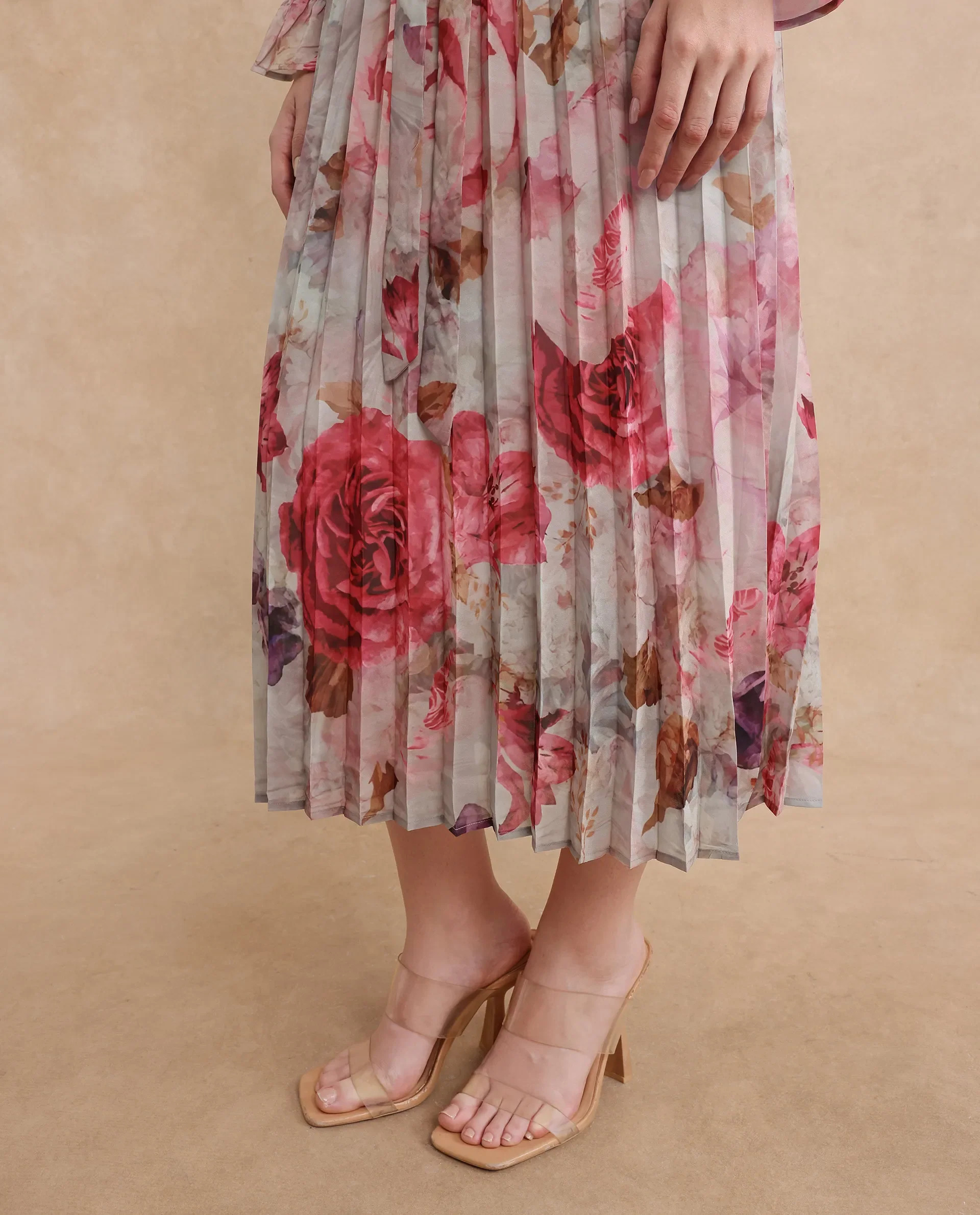 Rareism Women's Cerno Multi Polyester Blend Tie-Up Neck Floral Print Maxi Flared Dress - Image 5