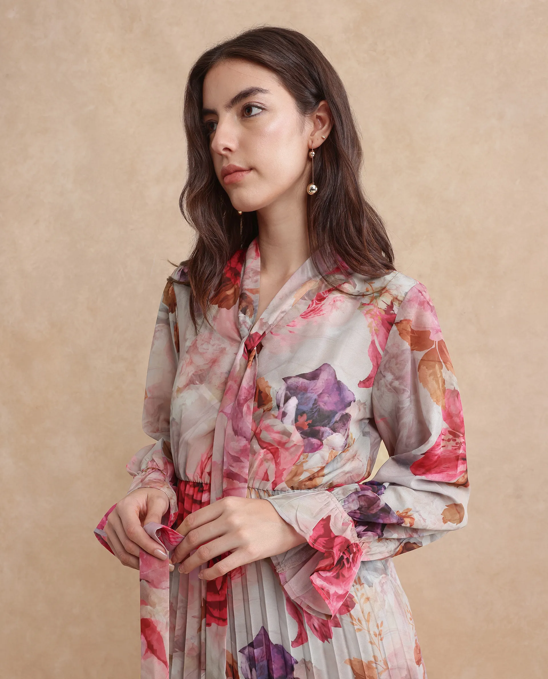 Rareism Women's Cerno Multi Polyester Blend Tie-Up Neck Floral Print Maxi Flared Dress - Image 7