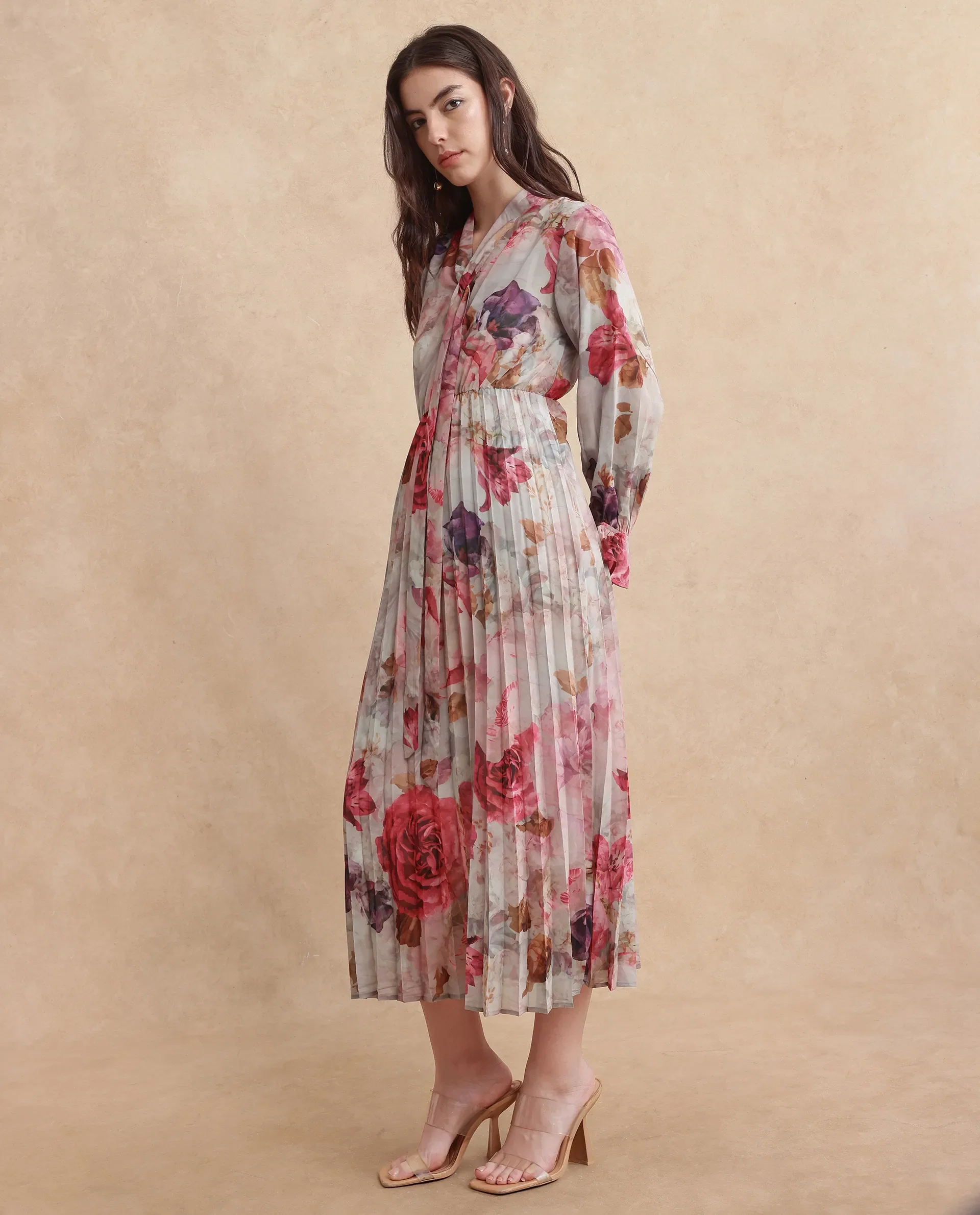 Rareism Women's Cerno Multi Polyester Blend Tie-Up Neck Floral Print Maxi Flared Dress - Image 8
