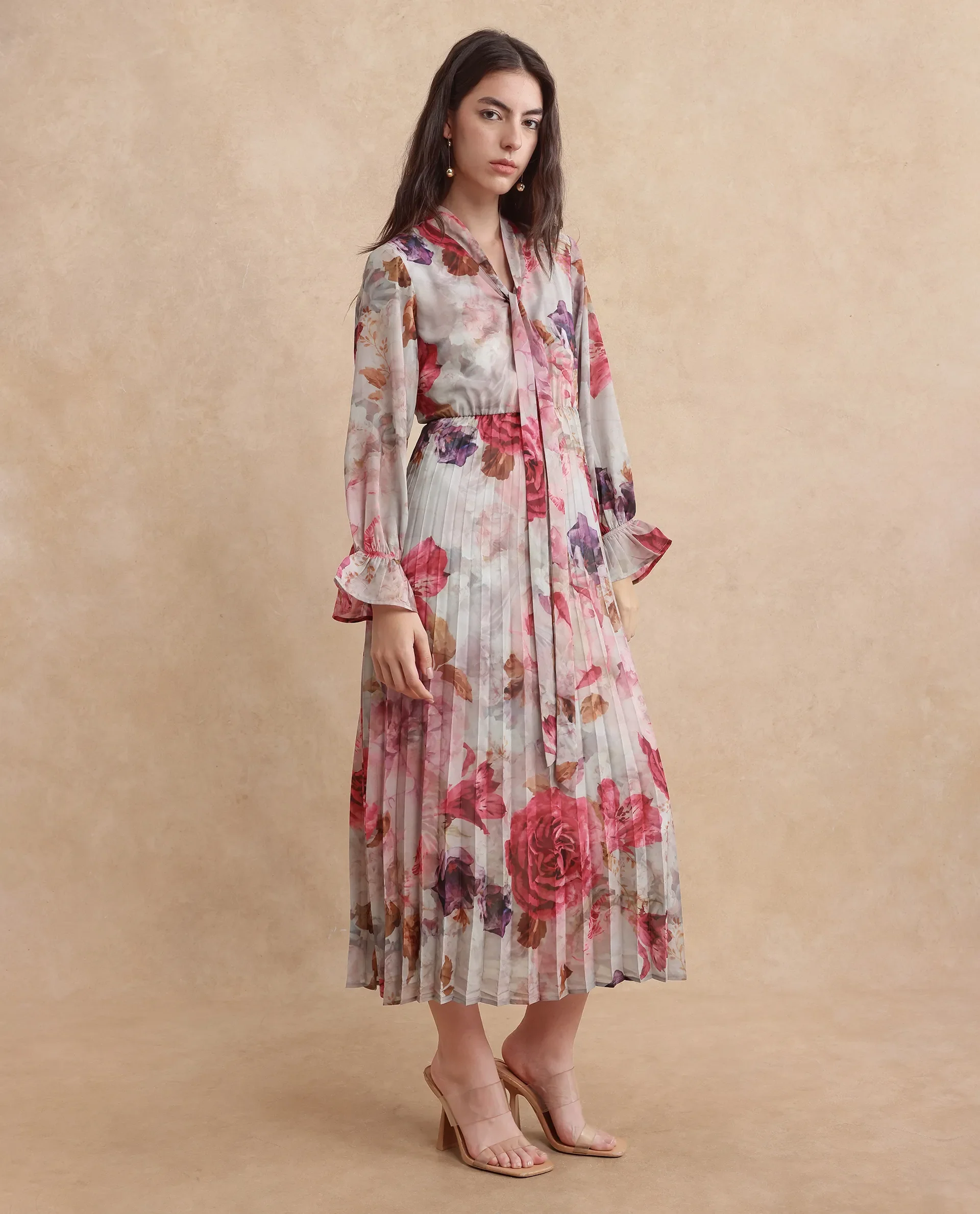 Rareism Women's Cerno Multi Polyester Blend Tie-Up Neck Floral Print Maxi Flared Dress - Image 9