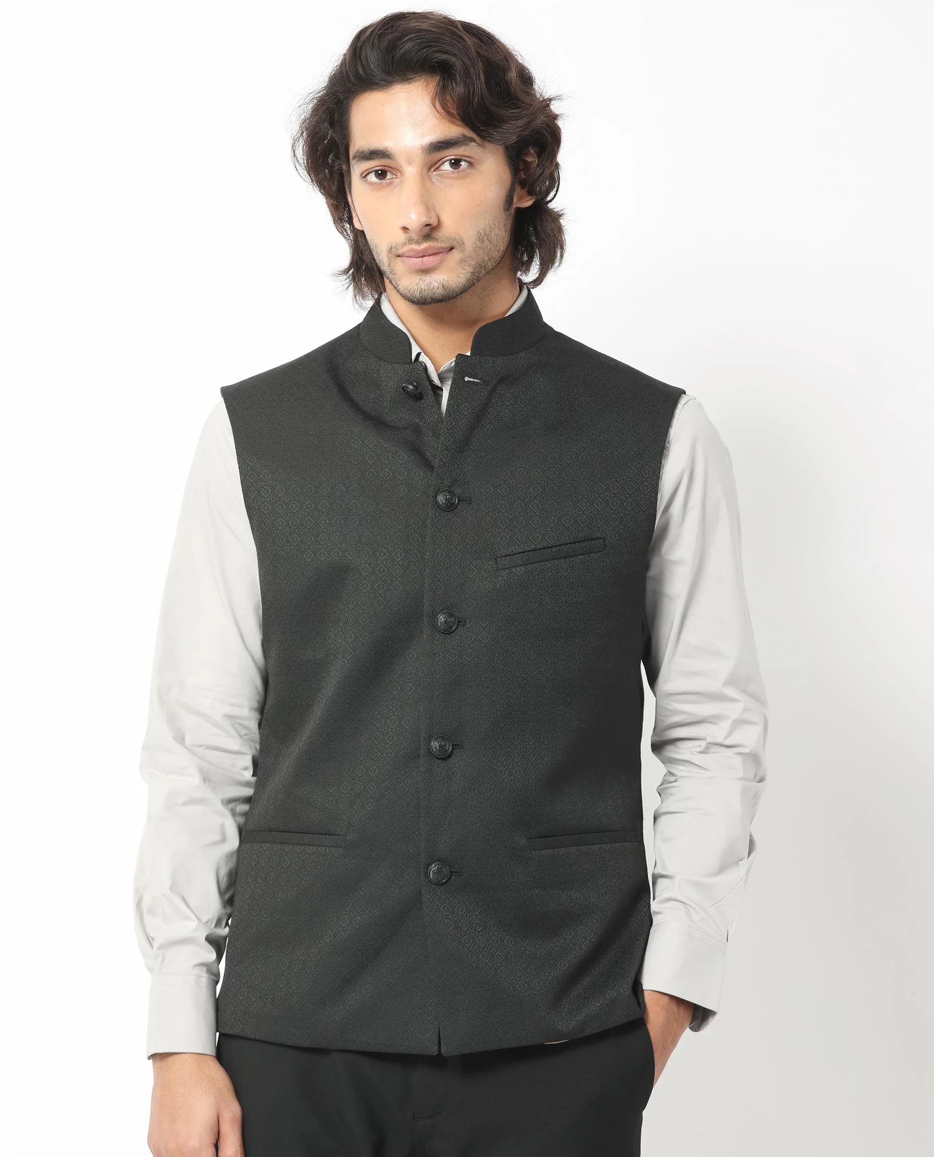 Rare Rabbit Men's Cerny Black Polyester Jacquard Tailored Fit Sleeveless Mandarin Collar Bandhgala - Image 2