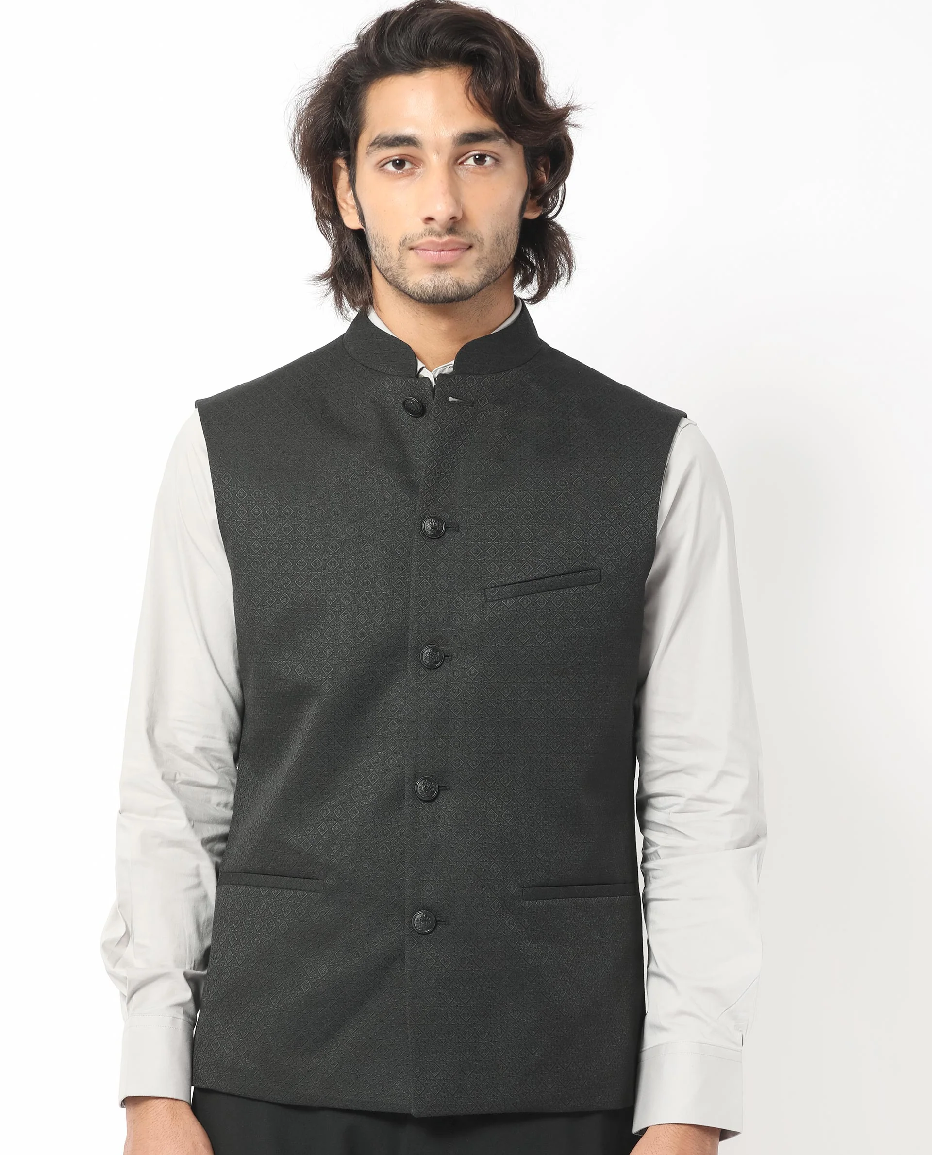 Rare Rabbit Men's Cerny Black Polyester Jacquard Tailored Fit Sleeveless Mandarin Collar Bandhgala - Image 3