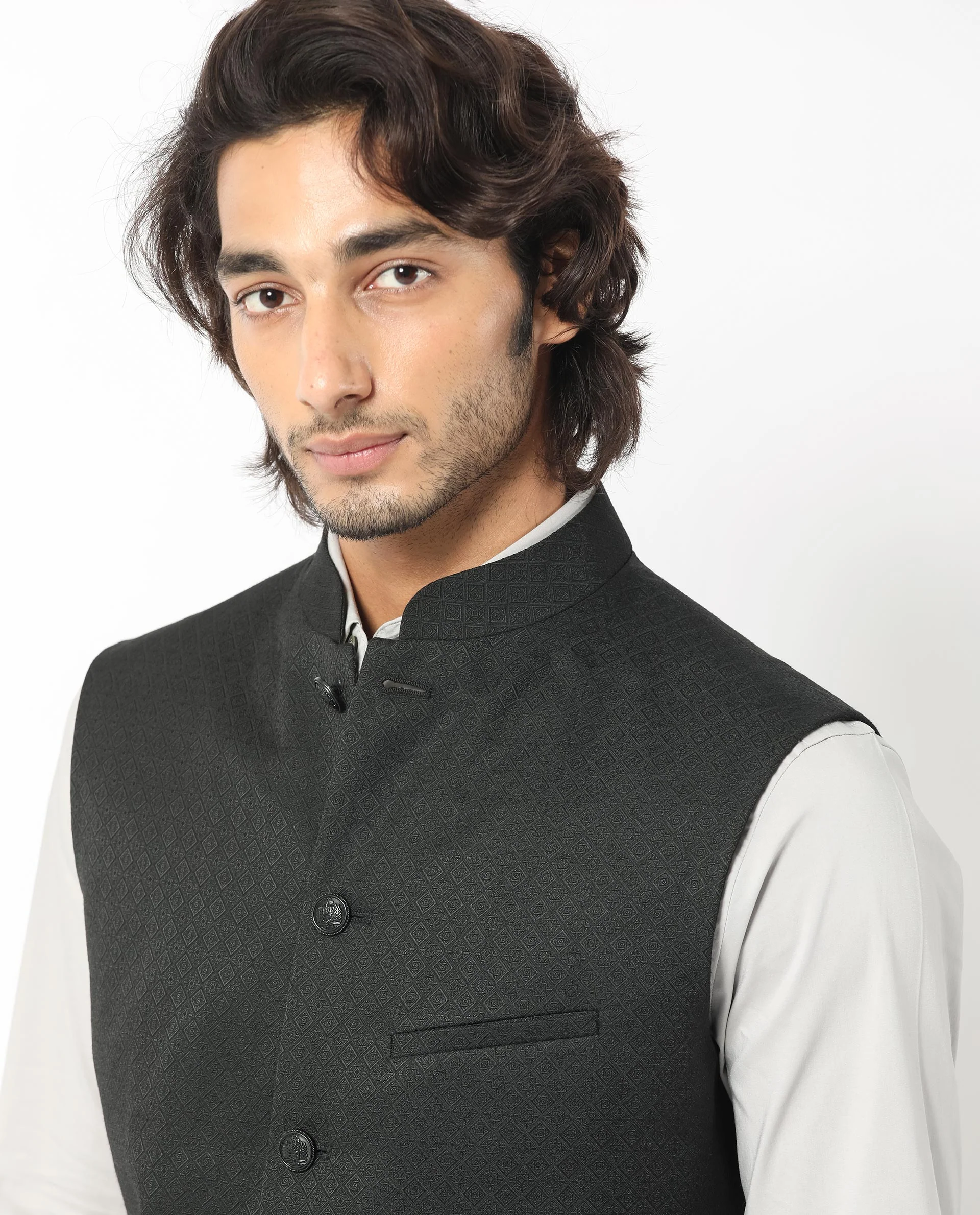 Rare Rabbit Men's Cerny Black Polyester Jacquard Tailored Fit Sleeveless Mandarin Collar Bandhgala - Image 4