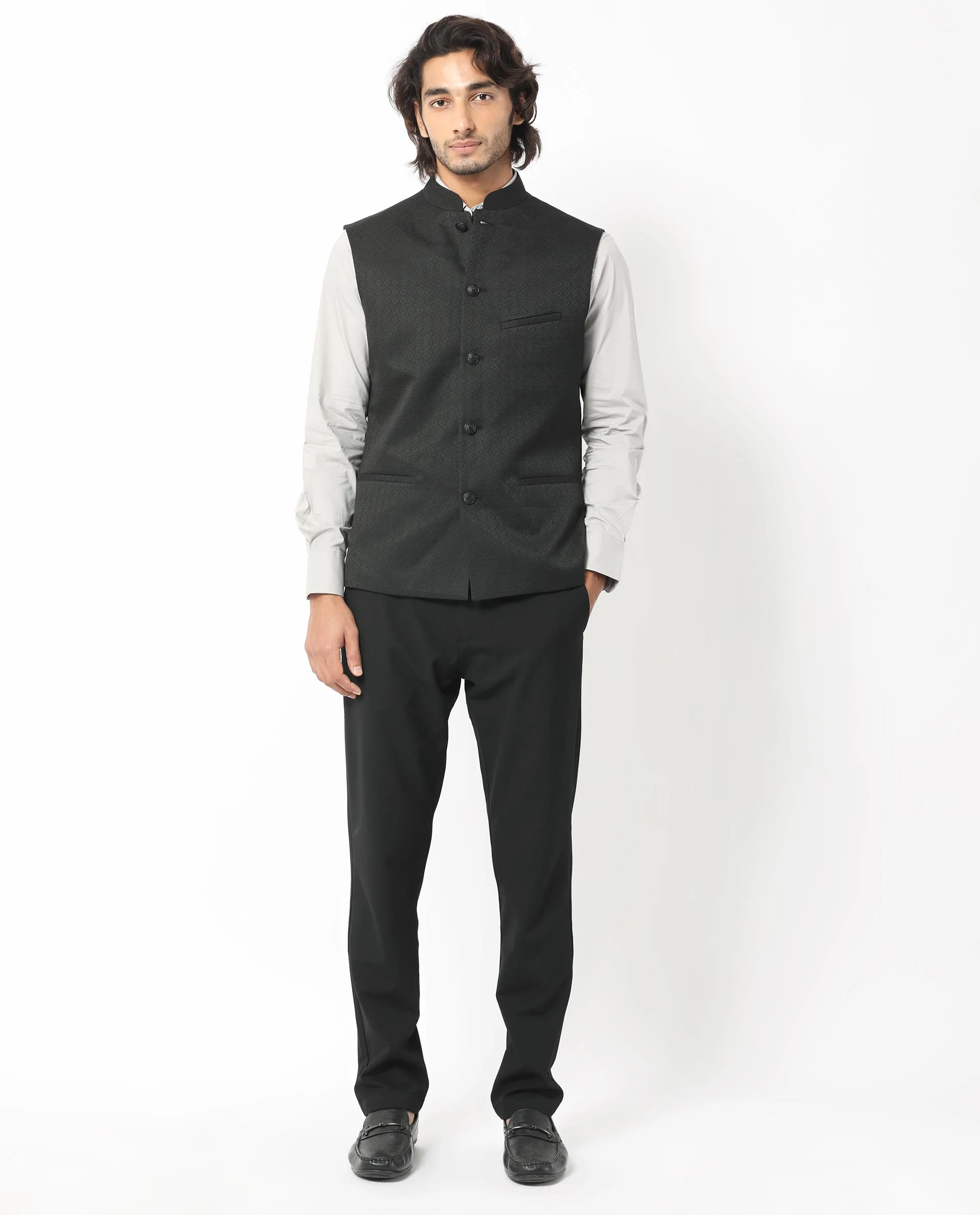 Rare Rabbit Men's Cerny Black Polyester Jacquard Tailored Fit Sleeveless Mandarin Collar Bandhgala - Image 5