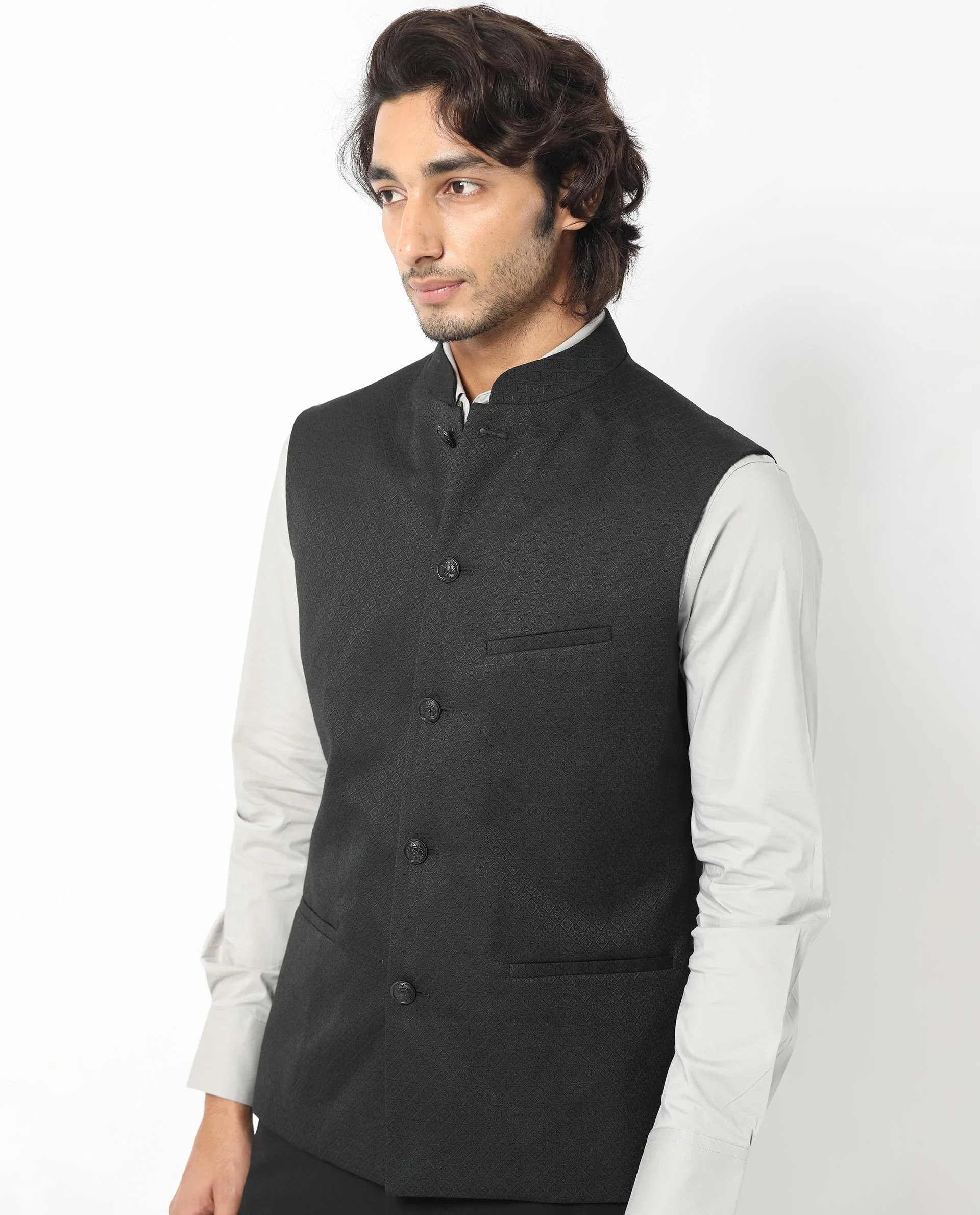 Rare Rabbit Men's Cerny Black Polyester Jacquard Tailored Fit Sleeveless Mandarin Collar Bandhgala - Image 7