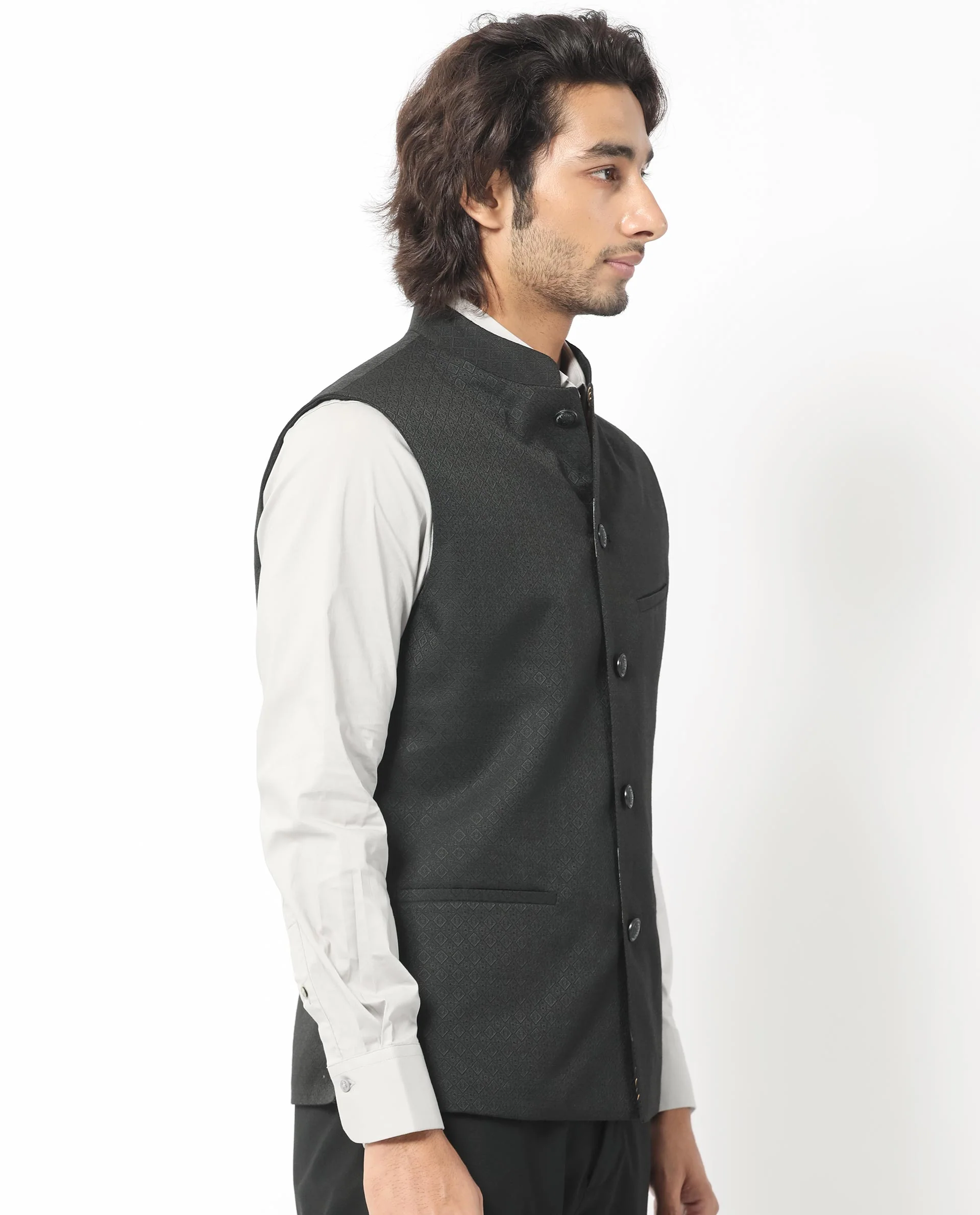 Rare Rabbit Men's Cerny Black Polyester Jacquard Tailored Fit Sleeveless Mandarin Collar Bandhgala - Image 9