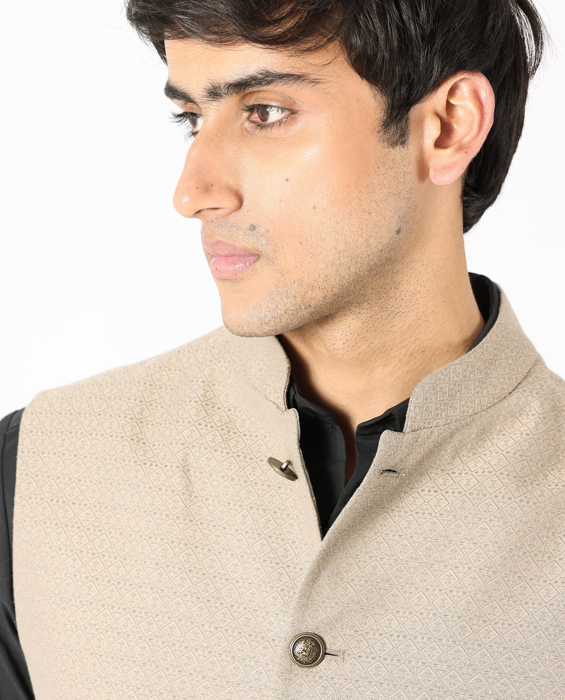 Rare Rabbit Men's Cerny Dark Beige Polyester Jacquard Tailored Fit Sleeveless Mandarin Collar Bandhgala - Image 2