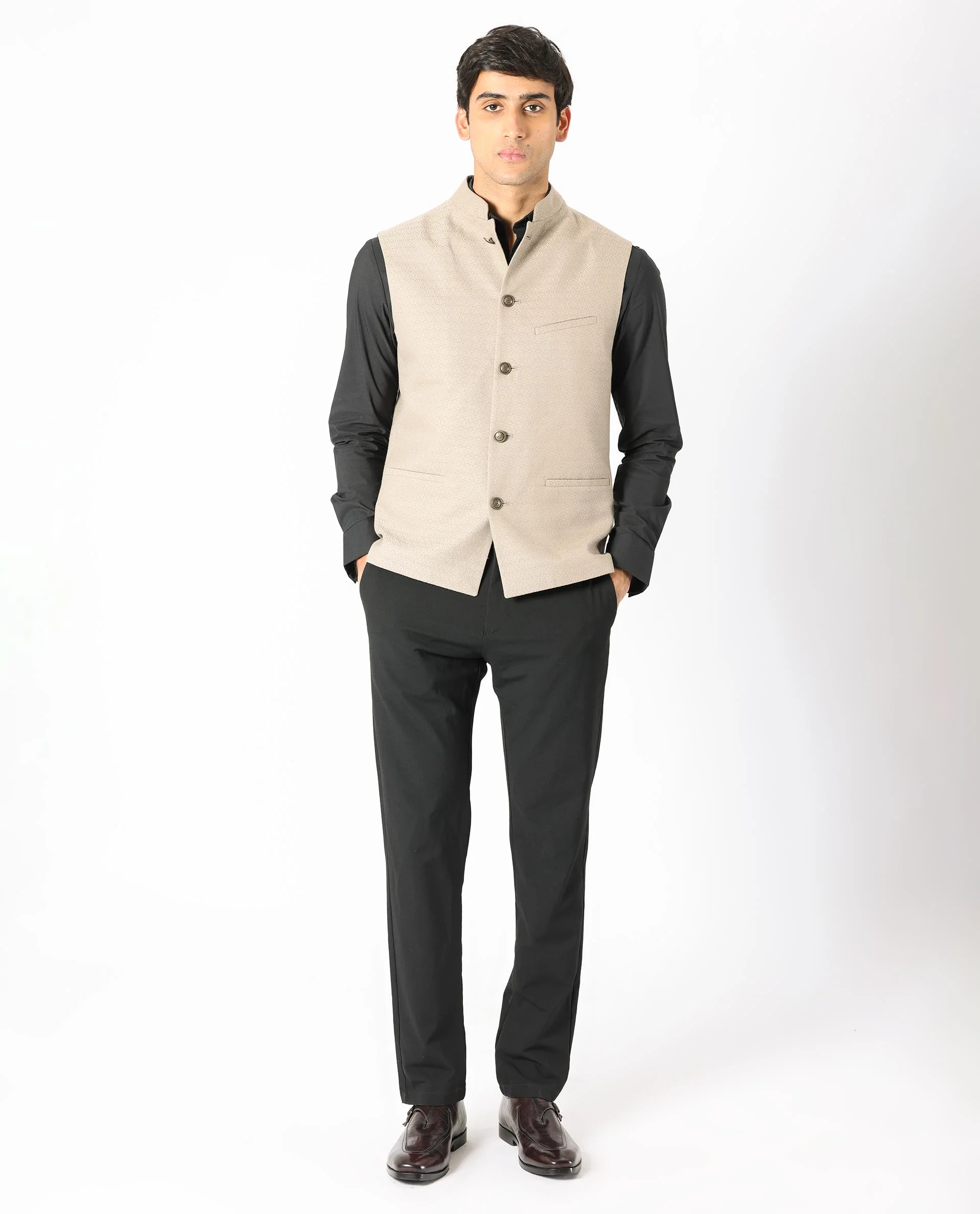 Rare Rabbit Men's Cerny Dark Beige Polyester Jacquard Tailored Fit Sleeveless Mandarin Collar Bandhgala - Image 3
