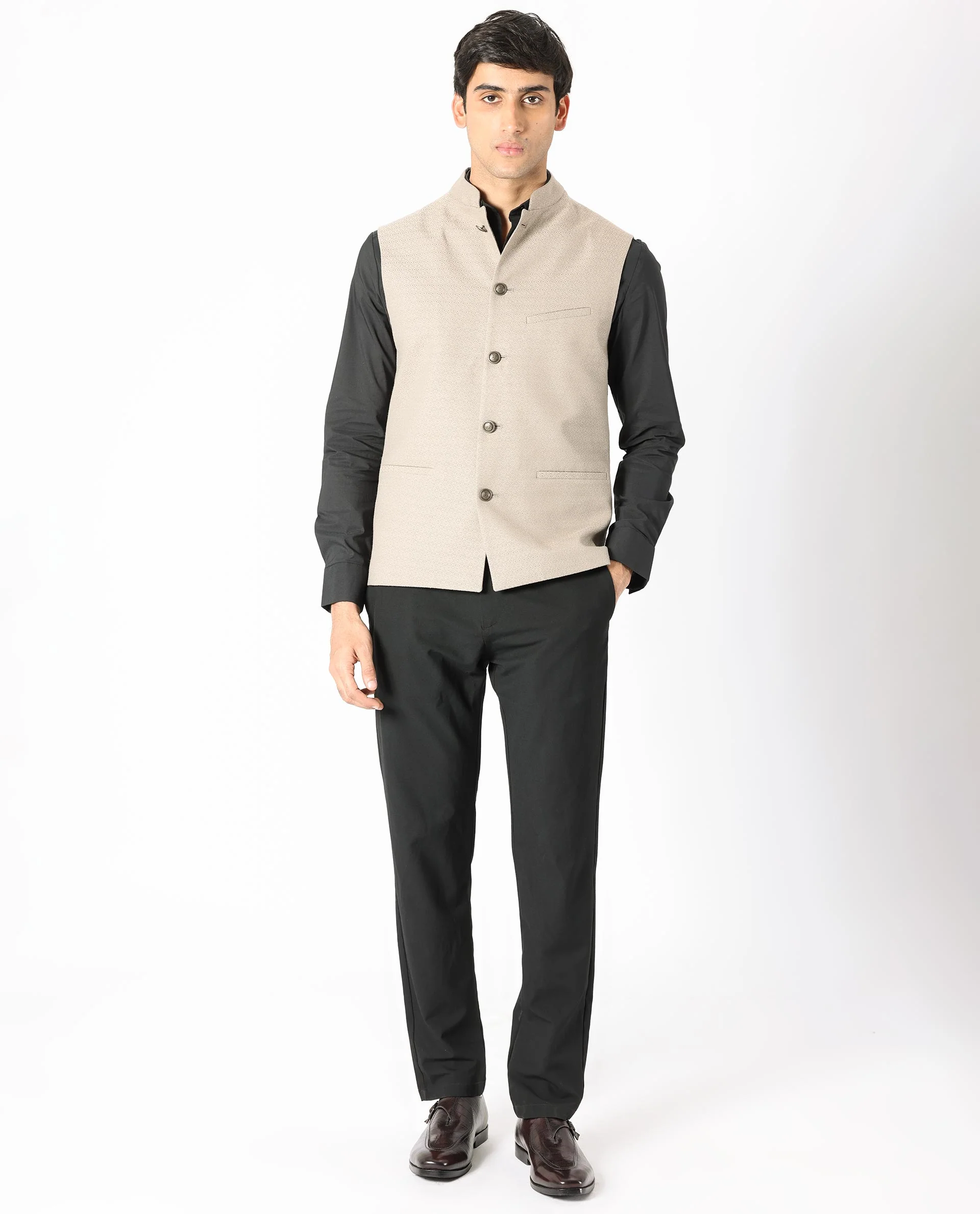 Rare Rabbit Men's Cerny Dark Beige Polyester Jacquard Tailored Fit Sleeveless Mandarin Collar Bandhgala - Image 4