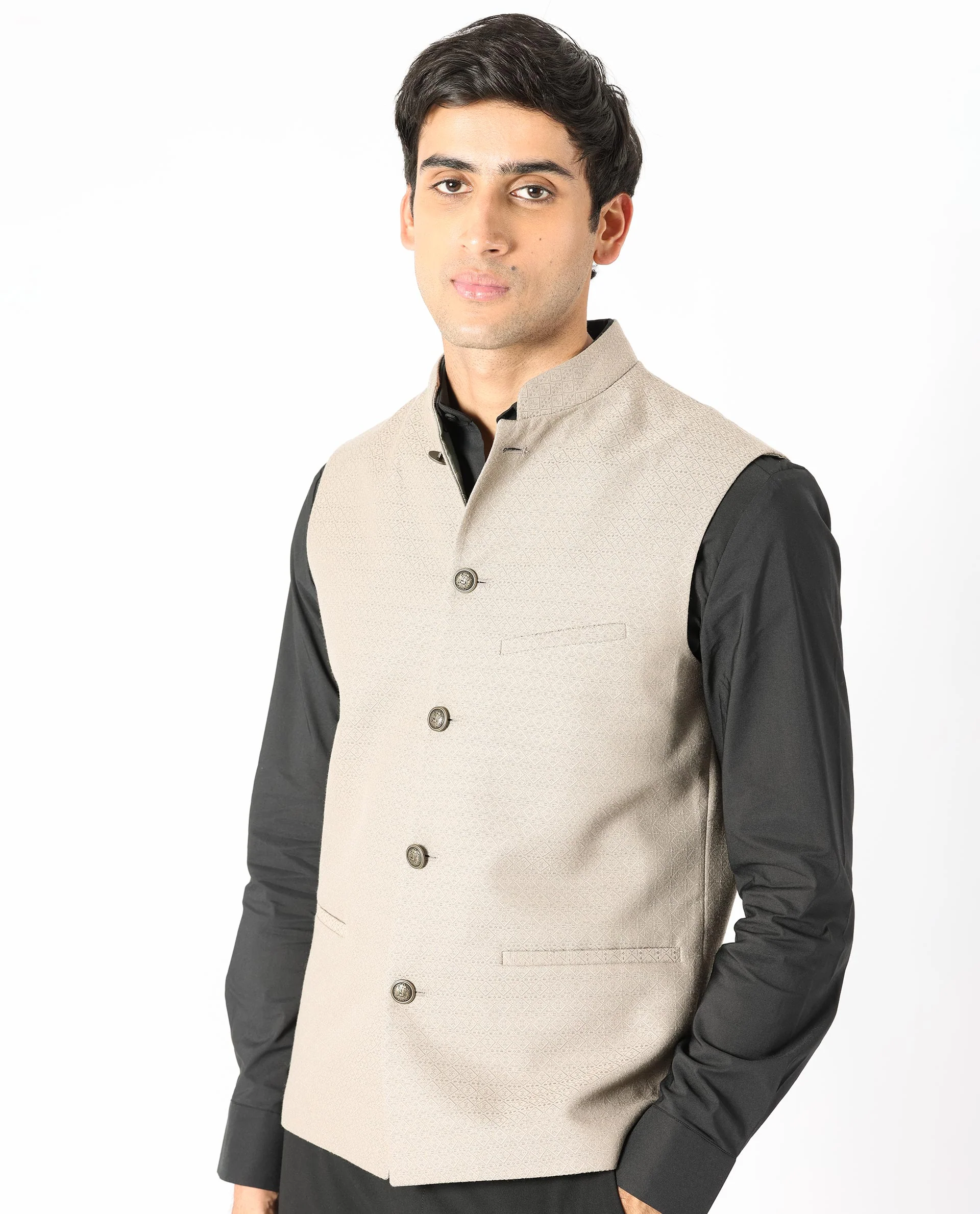 Rare Rabbit Men's Cerny Dark Beige Polyester Jacquard Tailored Fit Sleeveless Mandarin Collar Bandhgala - Image 5