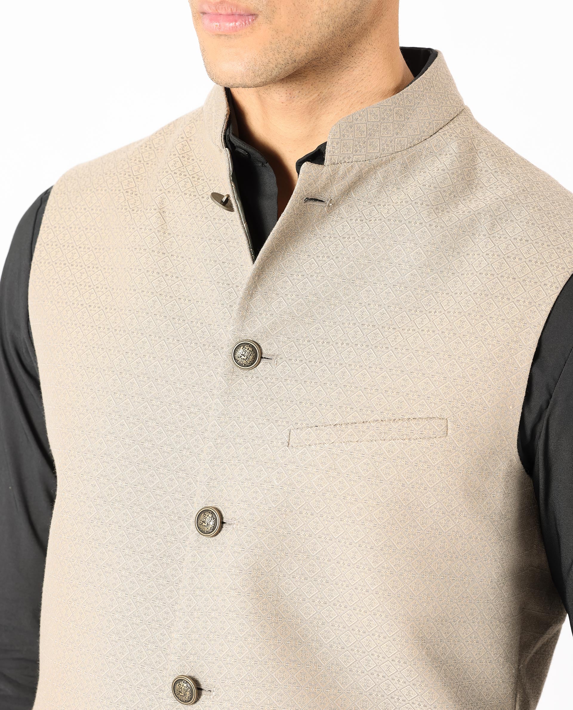 Rare Rabbit Men's Cerny Dark Beige Polyester Jacquard Tailored Fit Sleeveless Mandarin Collar Bandhgala - Image 6