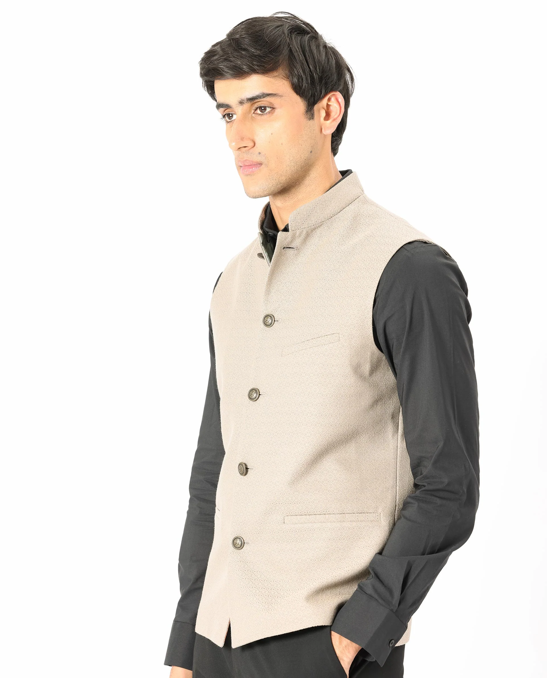 Rare Rabbit Men's Cerny Dark Beige Polyester Jacquard Tailored Fit Sleeveless Mandarin Collar Bandhgala - Image 7