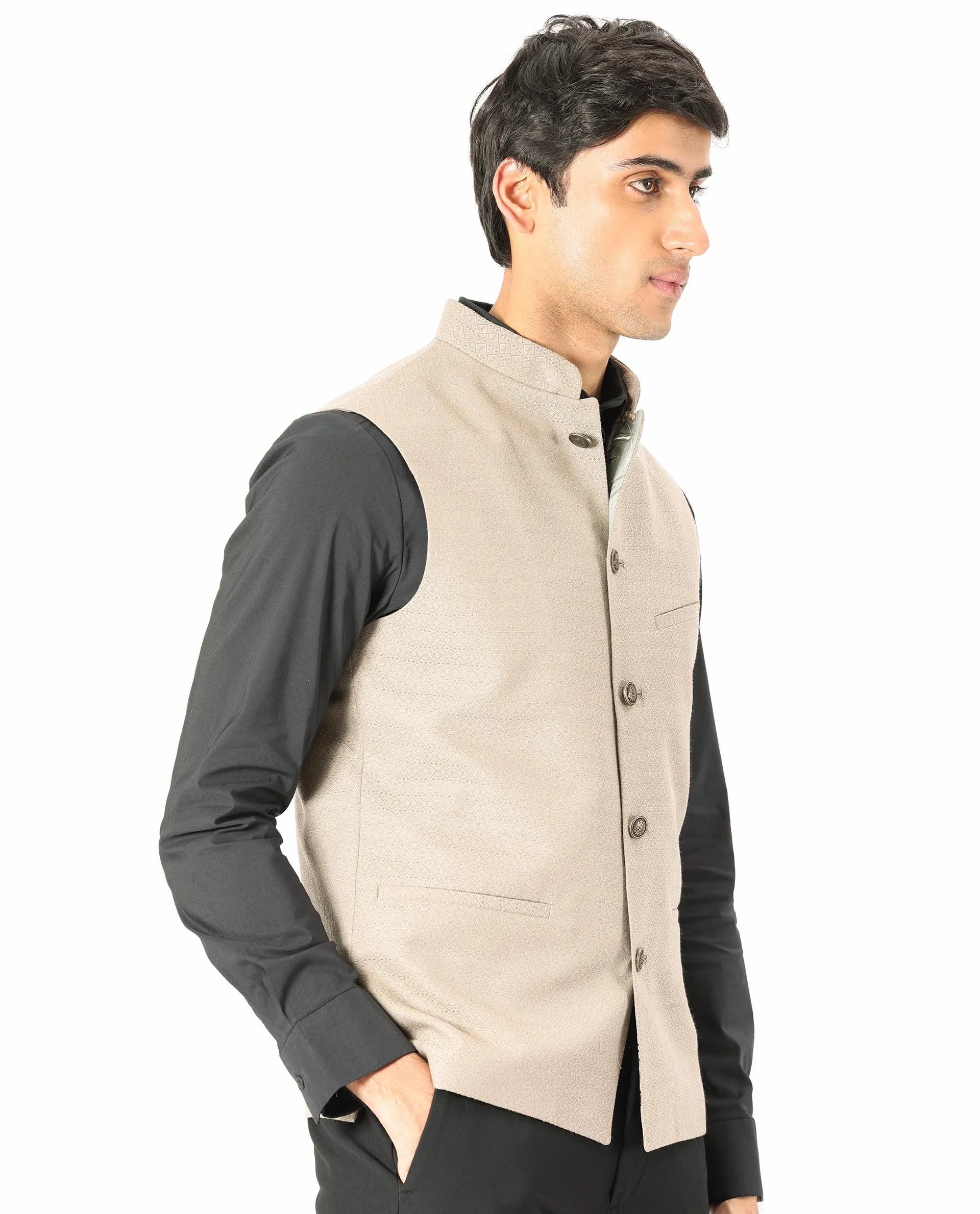 Rare Rabbit Men's Cerny Dark Beige Polyester Jacquard Tailored Fit Sleeveless Mandarin Collar Bandhgala - Image 8