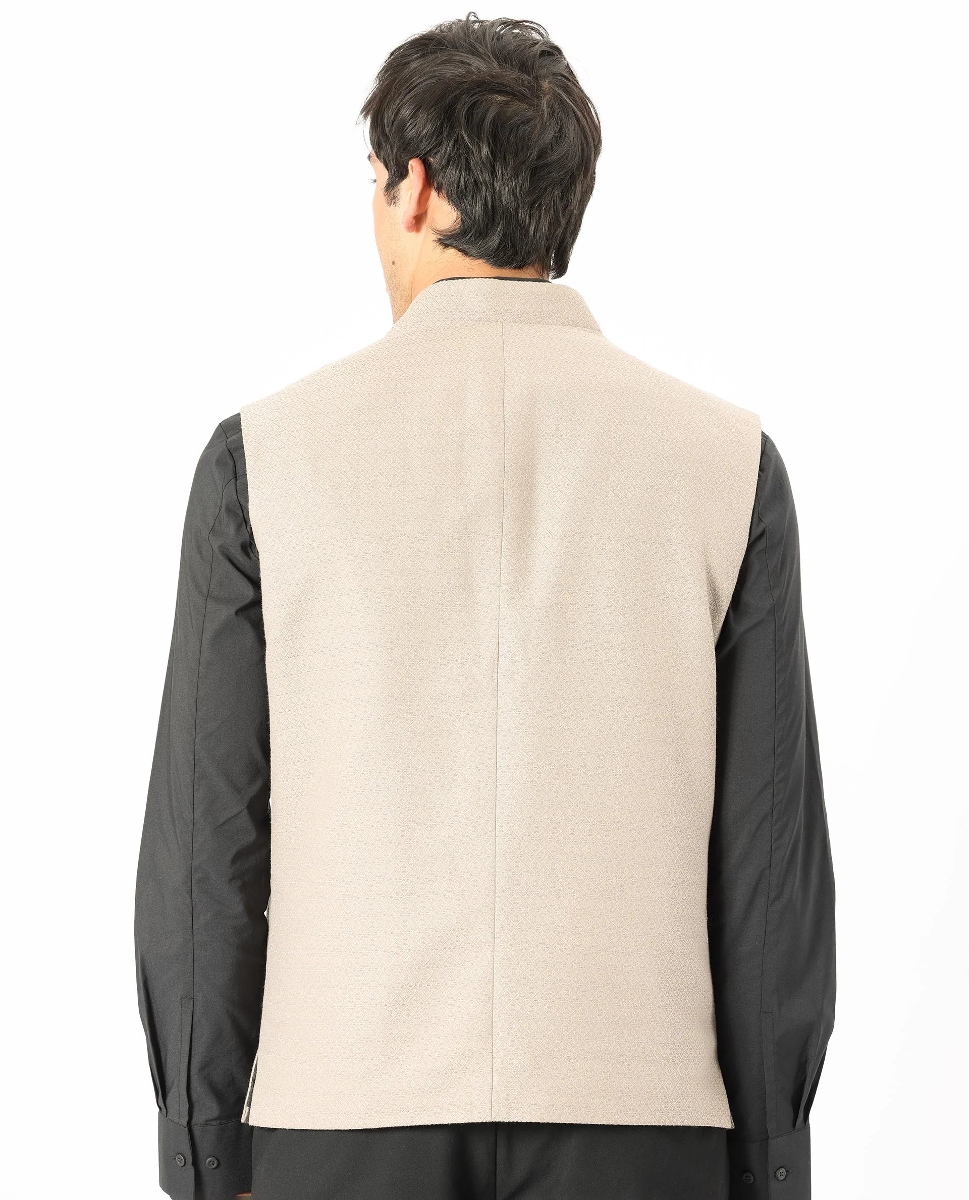 Rare Rabbit Men's Cerny Dark Beige Polyester Jacquard Tailored Fit Sleeveless Mandarin Collar Bandhgala - Image 9