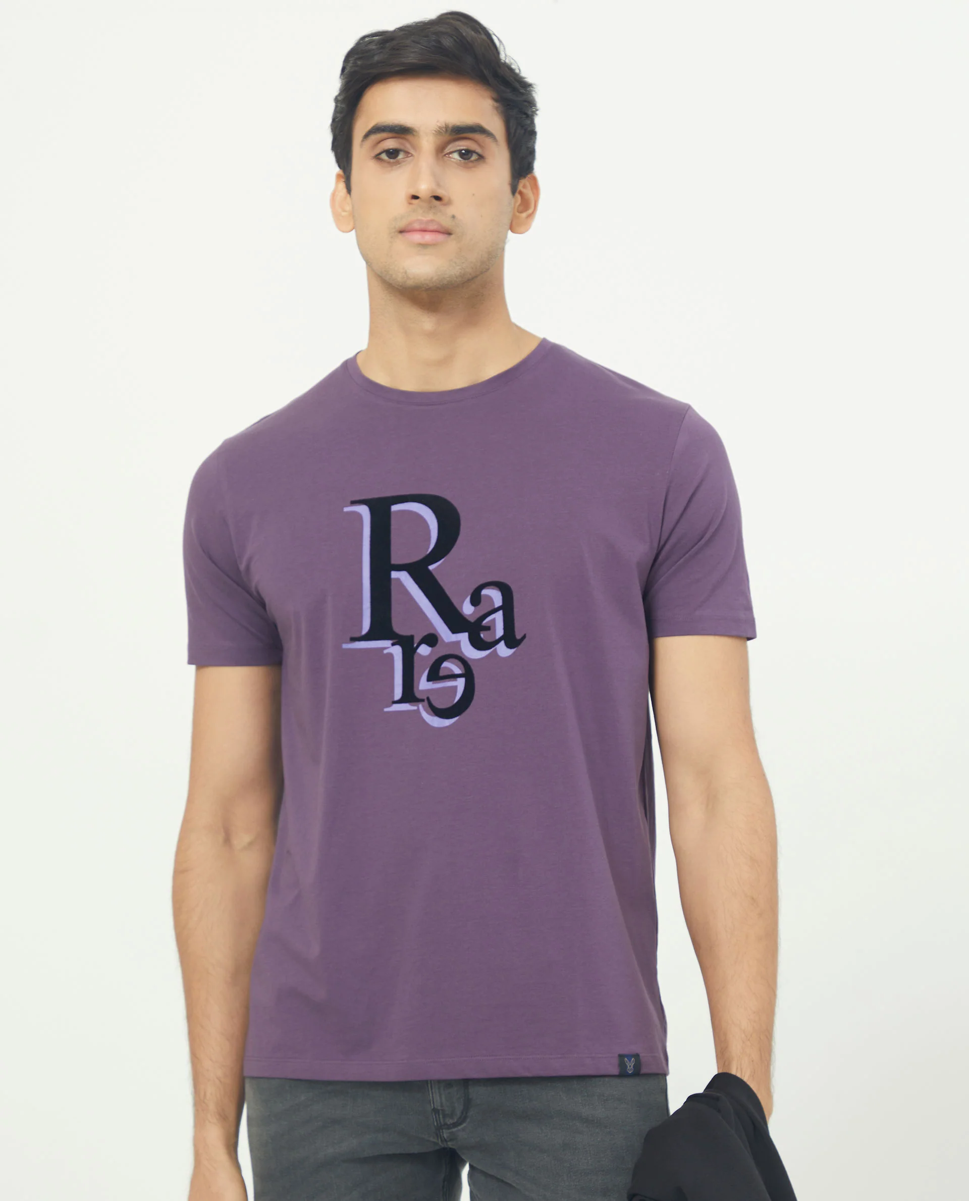 Rare Rabbit Men's Cero Dark Purple Cotton Graphic Print Slim Fit Half Sleeve Crew Neck T-Shirt
