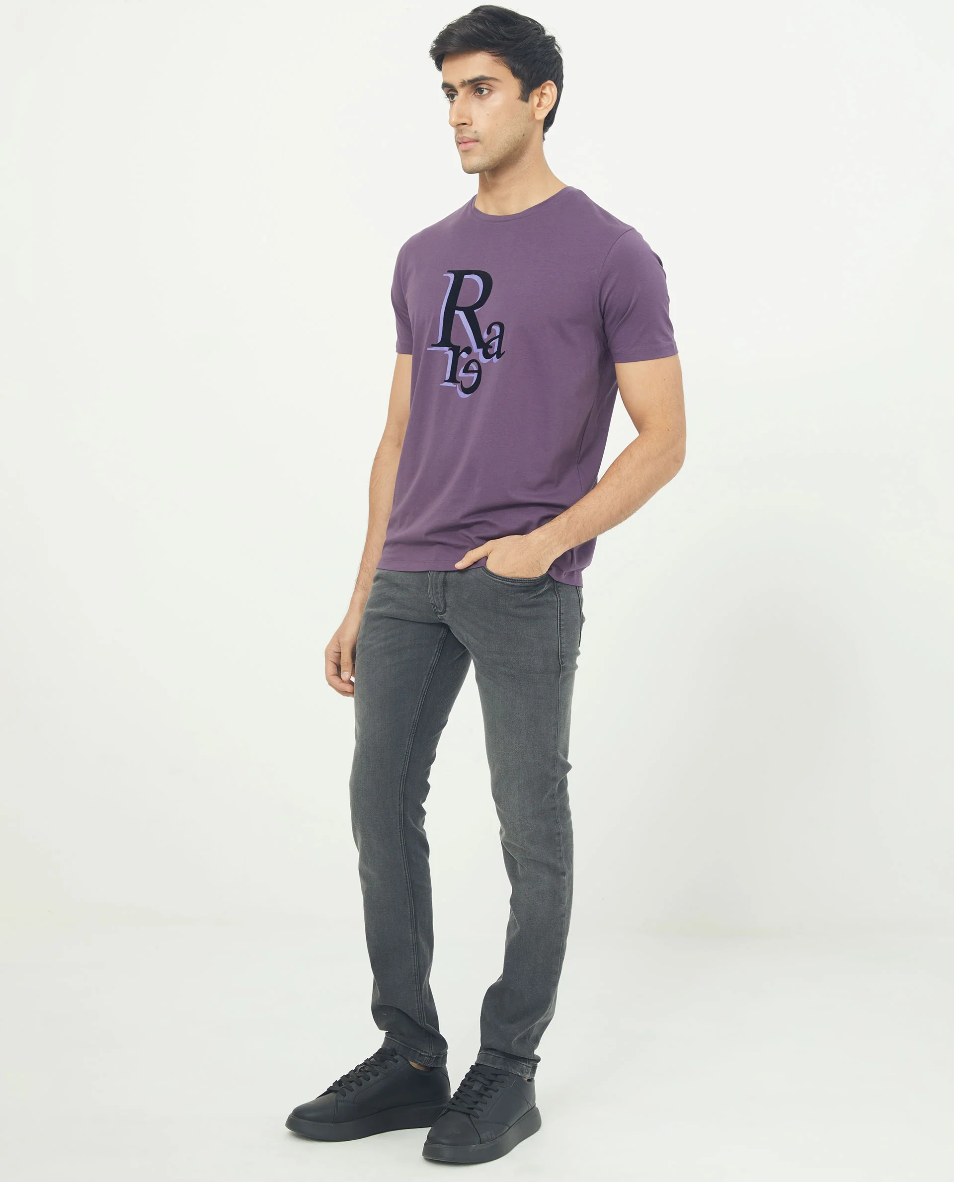 Rare Rabbit Men's Cero Dark Purple Cotton Graphic Print Slim Fit Half Sleeve Crew Neck T-Shirt - Image 4