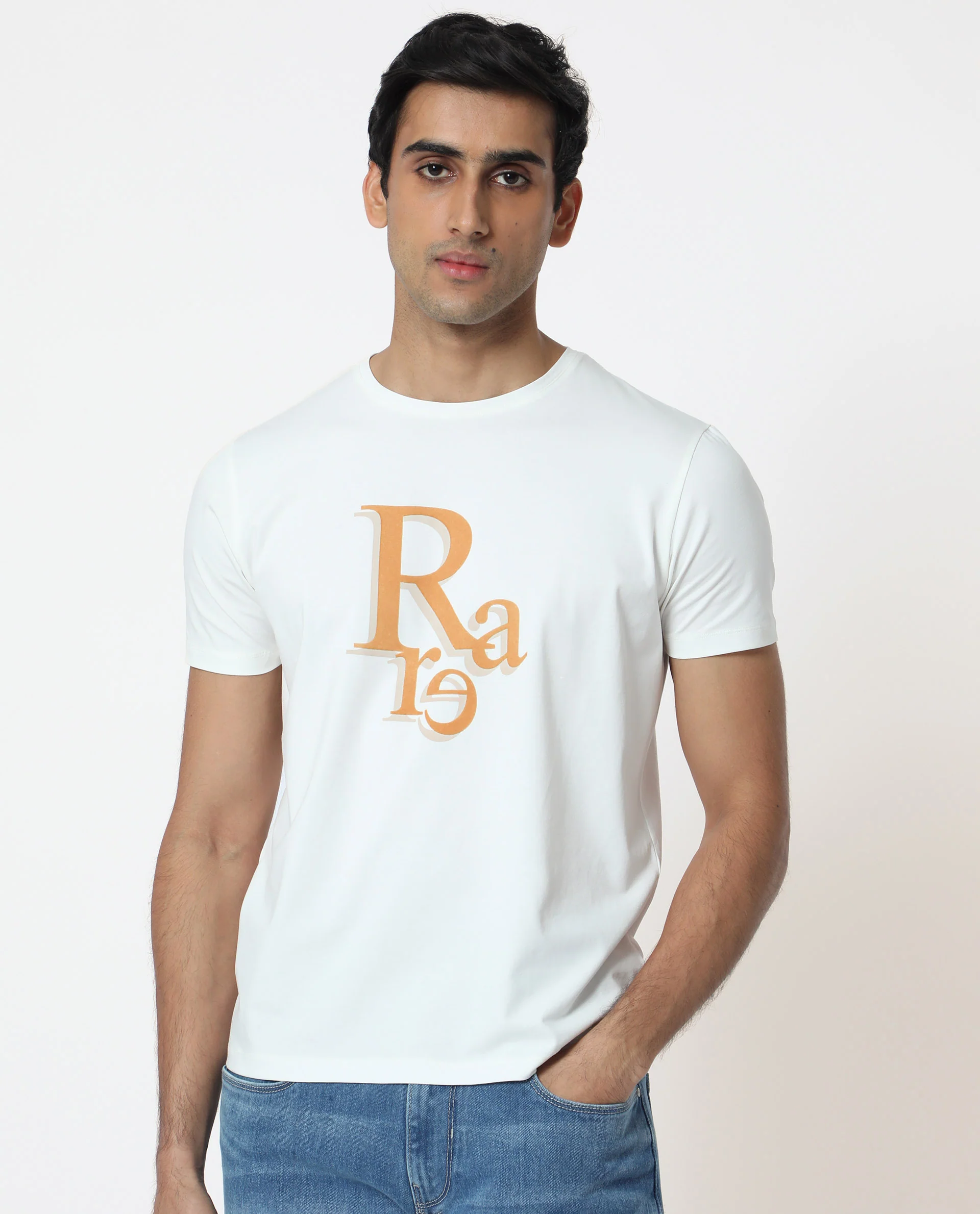 Rare Rabbit Men's Cero Off White Cotton Graphic Print Slim Fit Half Sleeve Crew Neck T-Shirt