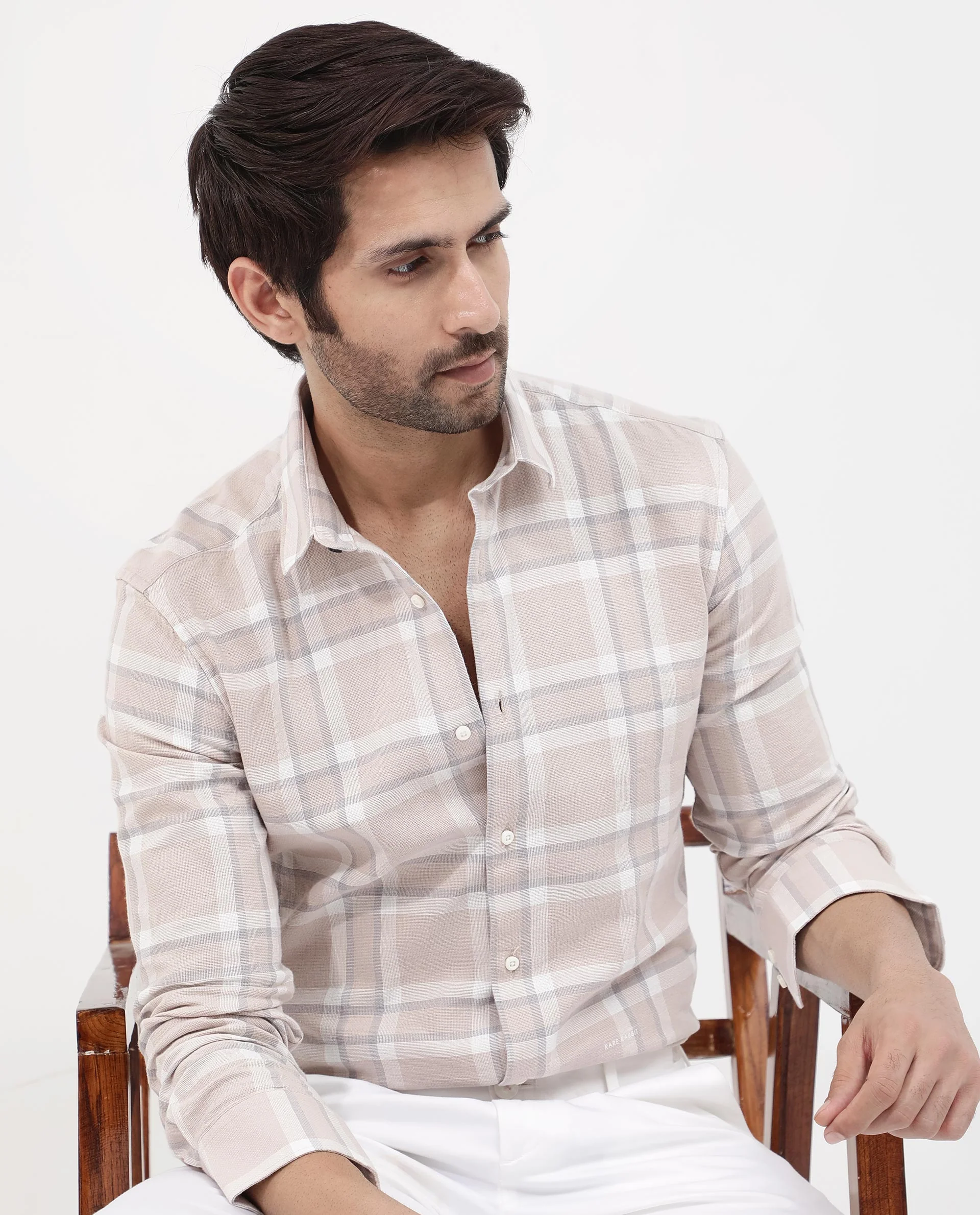 Rare Rabbit Men's Cerol Pastel Beige Cotton Checked Print Regular Fit Full Sleeve Collared Shirt