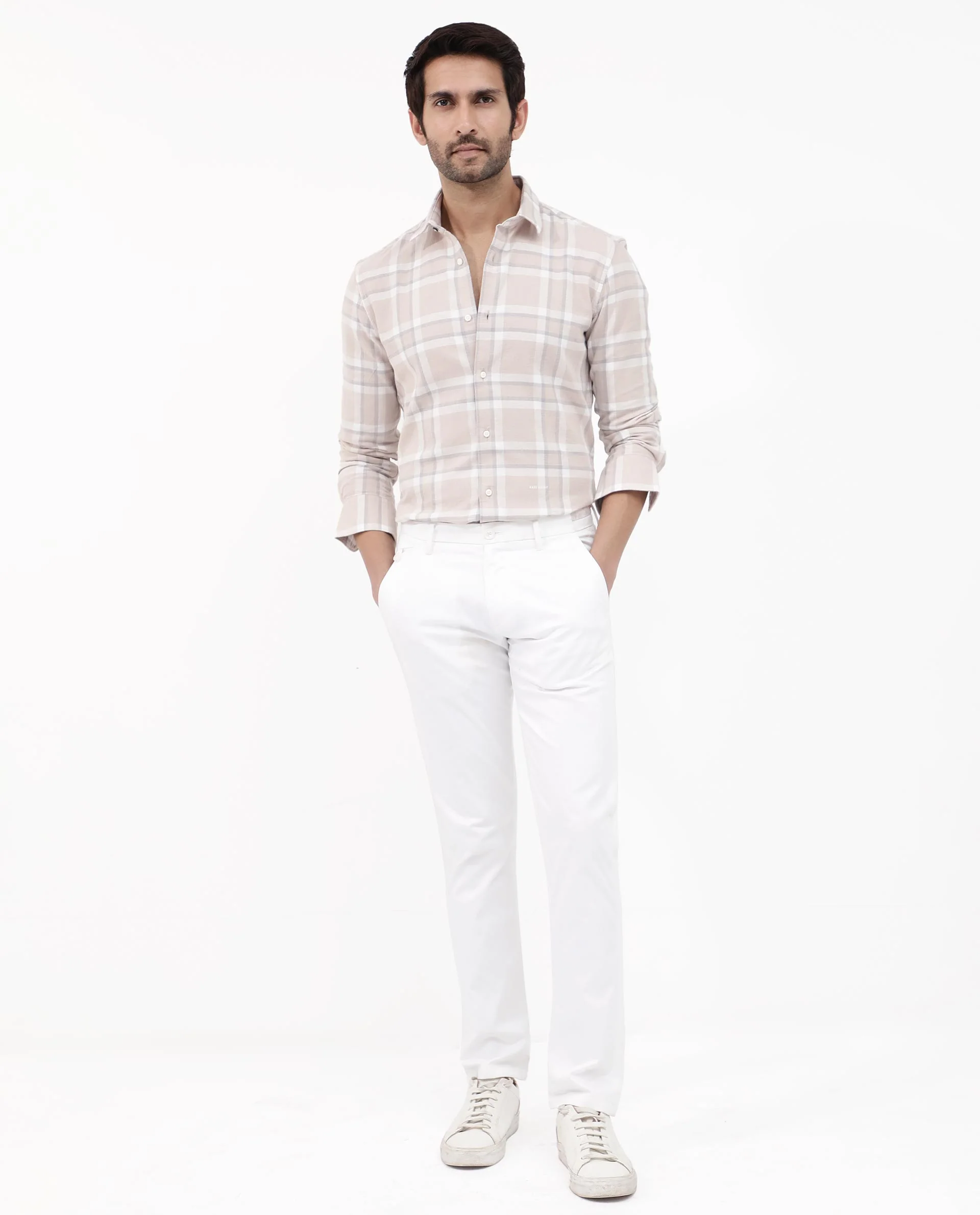 Rare Rabbit Men's Cerol Pastel Beige Cotton Checked Print Regular Fit Full Sleeve Collared Shirt - Image 2
