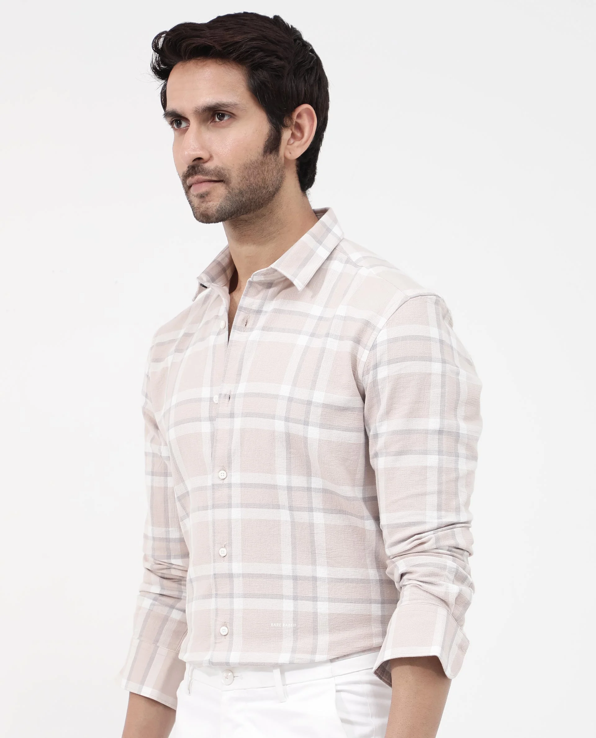 Rare Rabbit Men's Cerol Pastel Beige Cotton Checked Print Regular Fit Full Sleeve Collared Shirt - Image 3