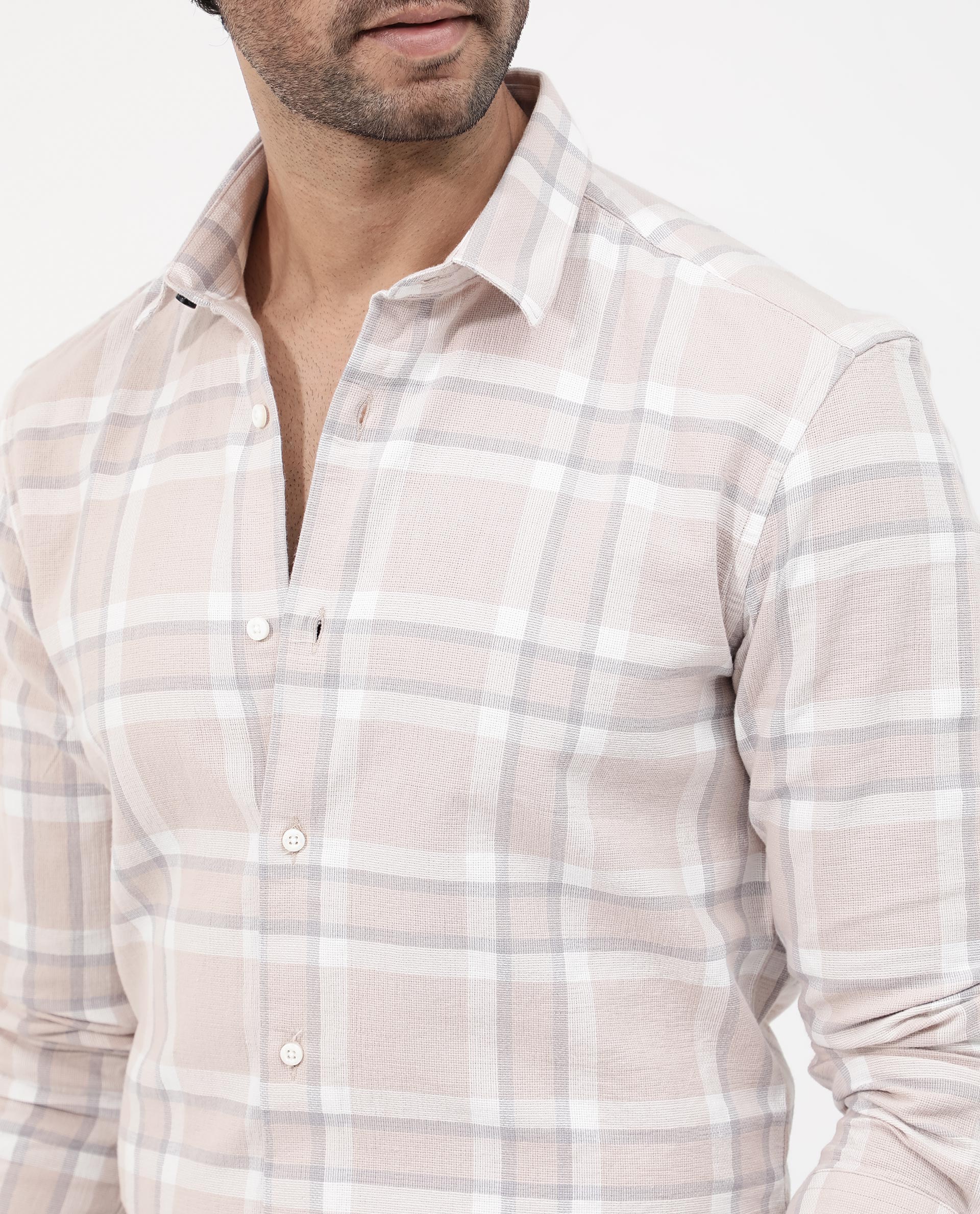 Rare Rabbit Men's Cerol Pastel Beige Cotton Checked Print Regular Fit Full Sleeve Collared Shirt - Image 4