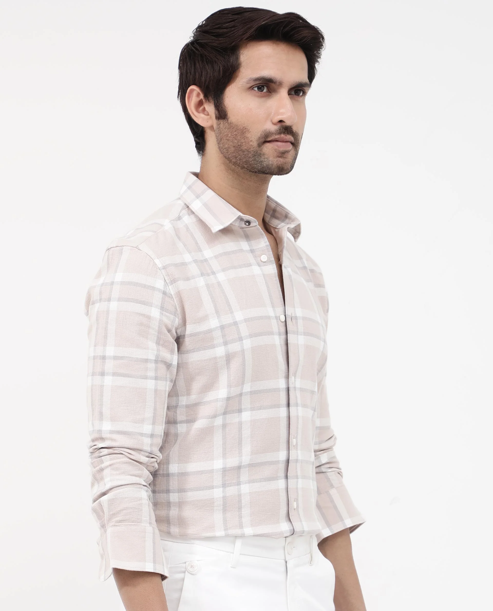 Rare Rabbit Men's Cerol Pastel Beige Cotton Checked Print Regular Fit Full Sleeve Collared Shirt - Image 7