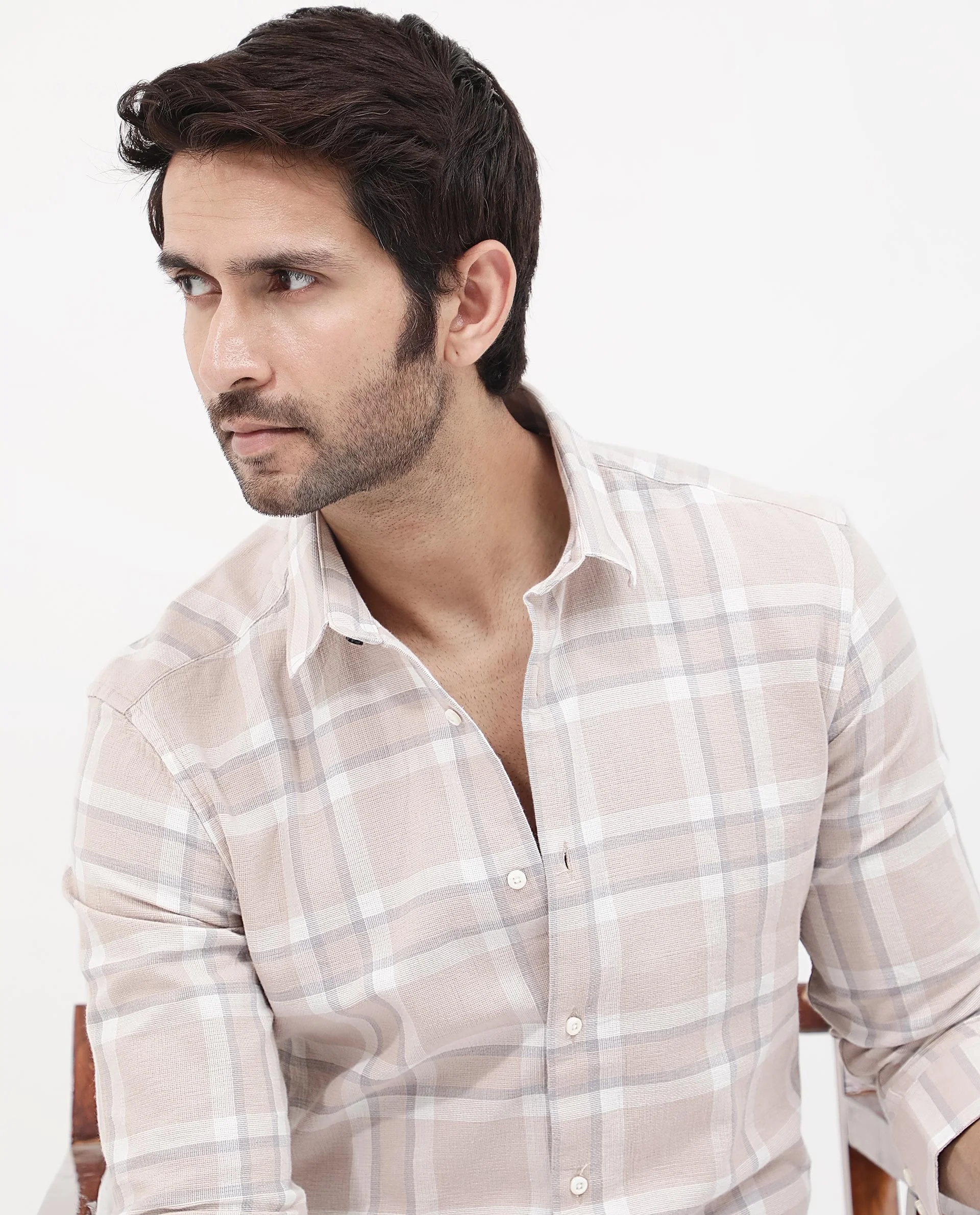 Rare Rabbit Men's Cerol Pastel Beige Cotton Checked Print Regular Fit Full Sleeve Collared Shirt - Image 8