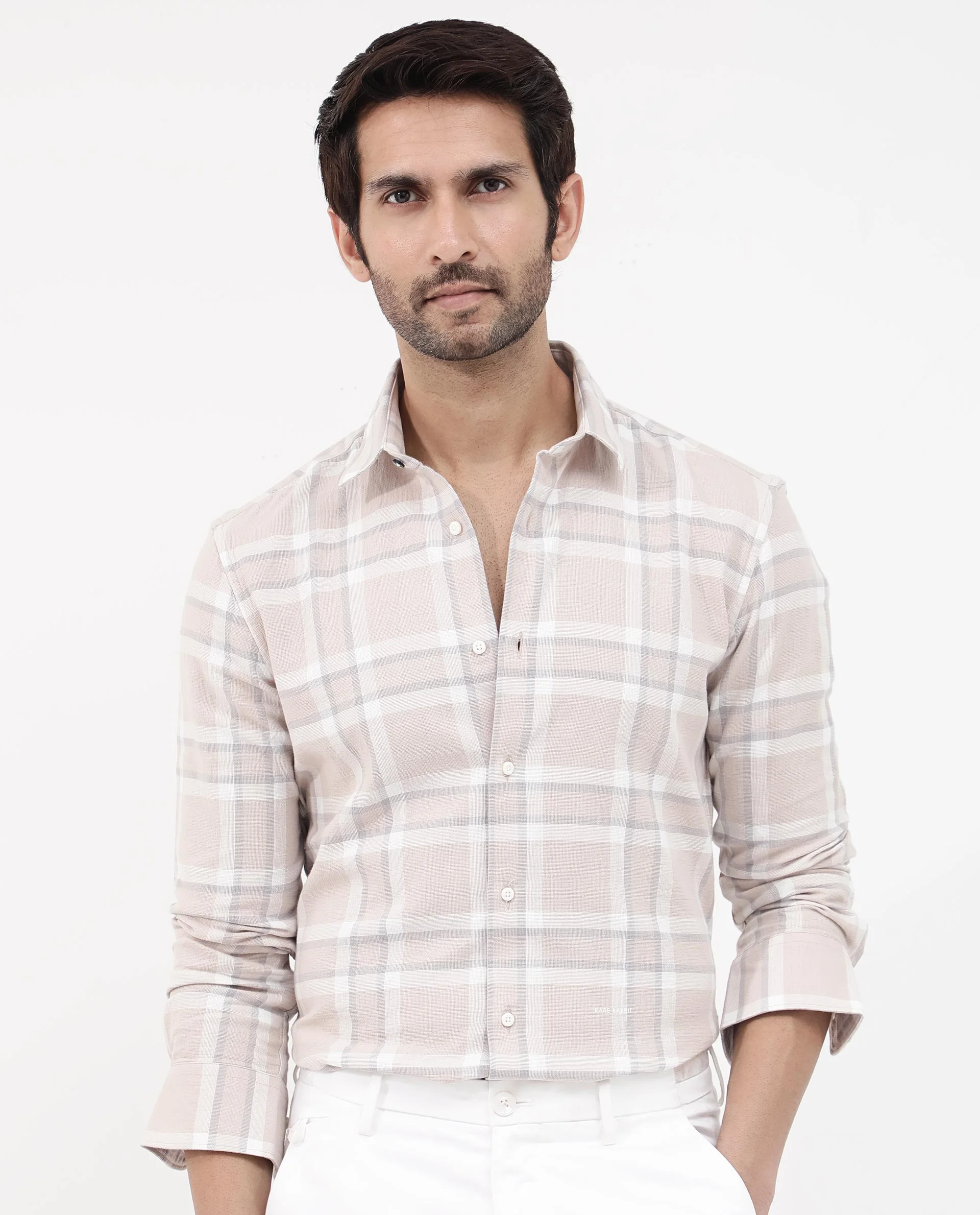 Rare Rabbit Men's Cerol Pastel Beige Cotton Checked Print Regular Fit Full Sleeve Collared Shirt - Image 9