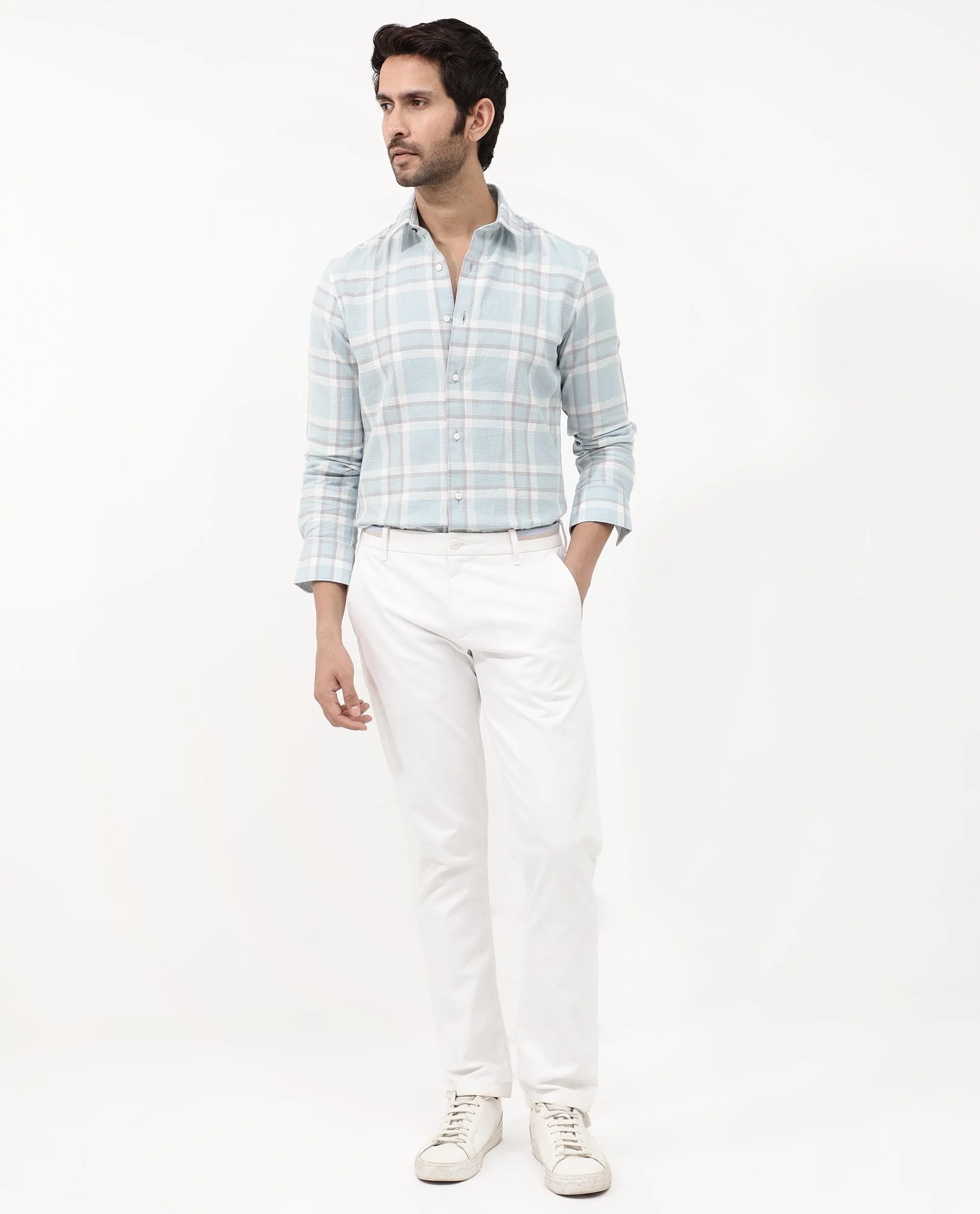 Rare Rabbit Men's Cerol Pastel Blue Cotton Checked Print Regular Fit Full Sleeve Collared Shirt - Image 2