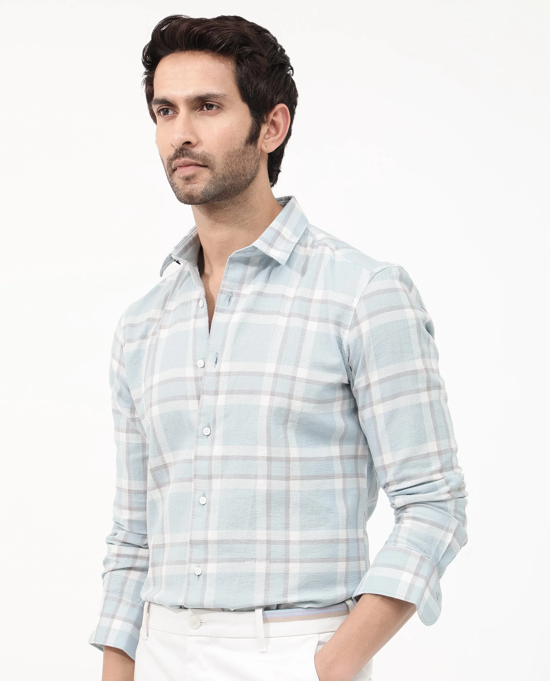 Rare Rabbit Men's Cerol Pastel Blue Cotton Checked Print Regular Fit Full Sleeve Collared Shirt - Image 3