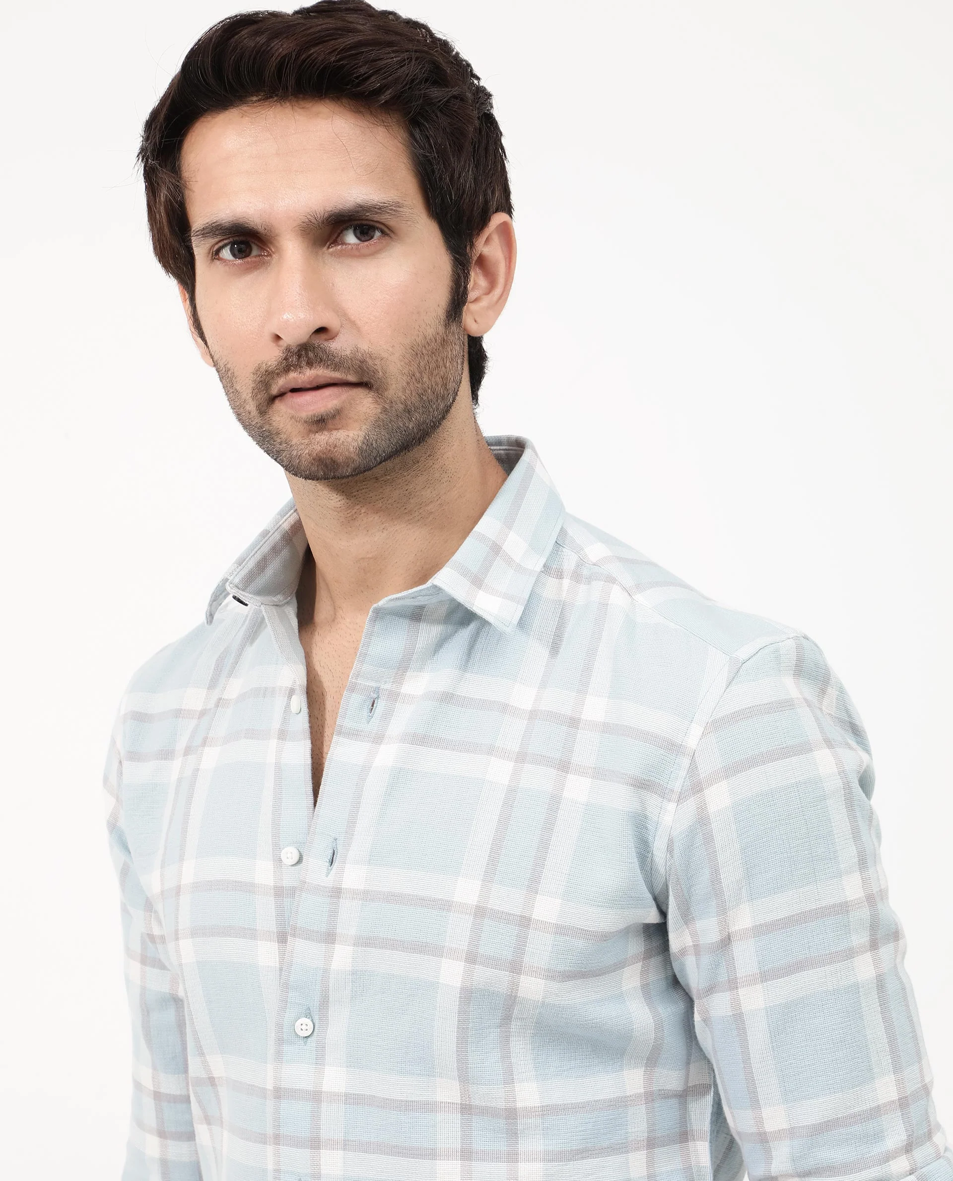 Rare Rabbit Men's Cerol Pastel Blue Cotton Checked Print Regular Fit Full Sleeve Collared Shirt - Image 6