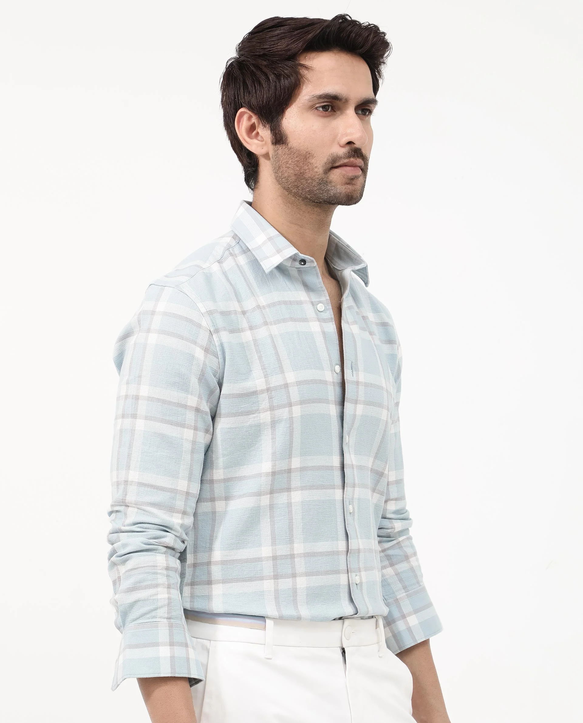 Rare Rabbit Men's Cerol Pastel Blue Cotton Checked Print Regular Fit Full Sleeve Collared Shirt - Image 8