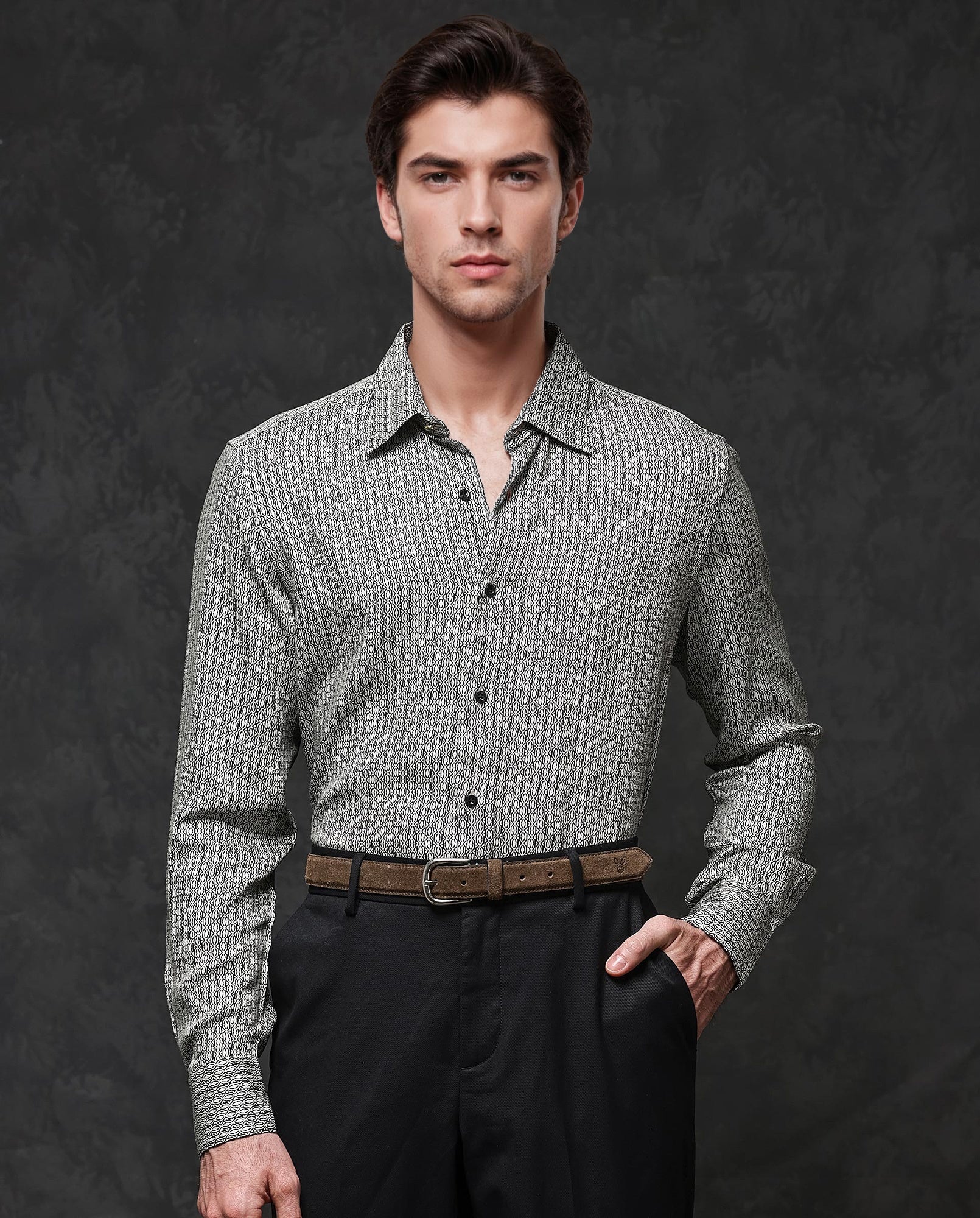 Rare Rabbit Men's Ceroz Beige Viscose Geometric Print Regular Fit Full Sleeve Collared Shirt