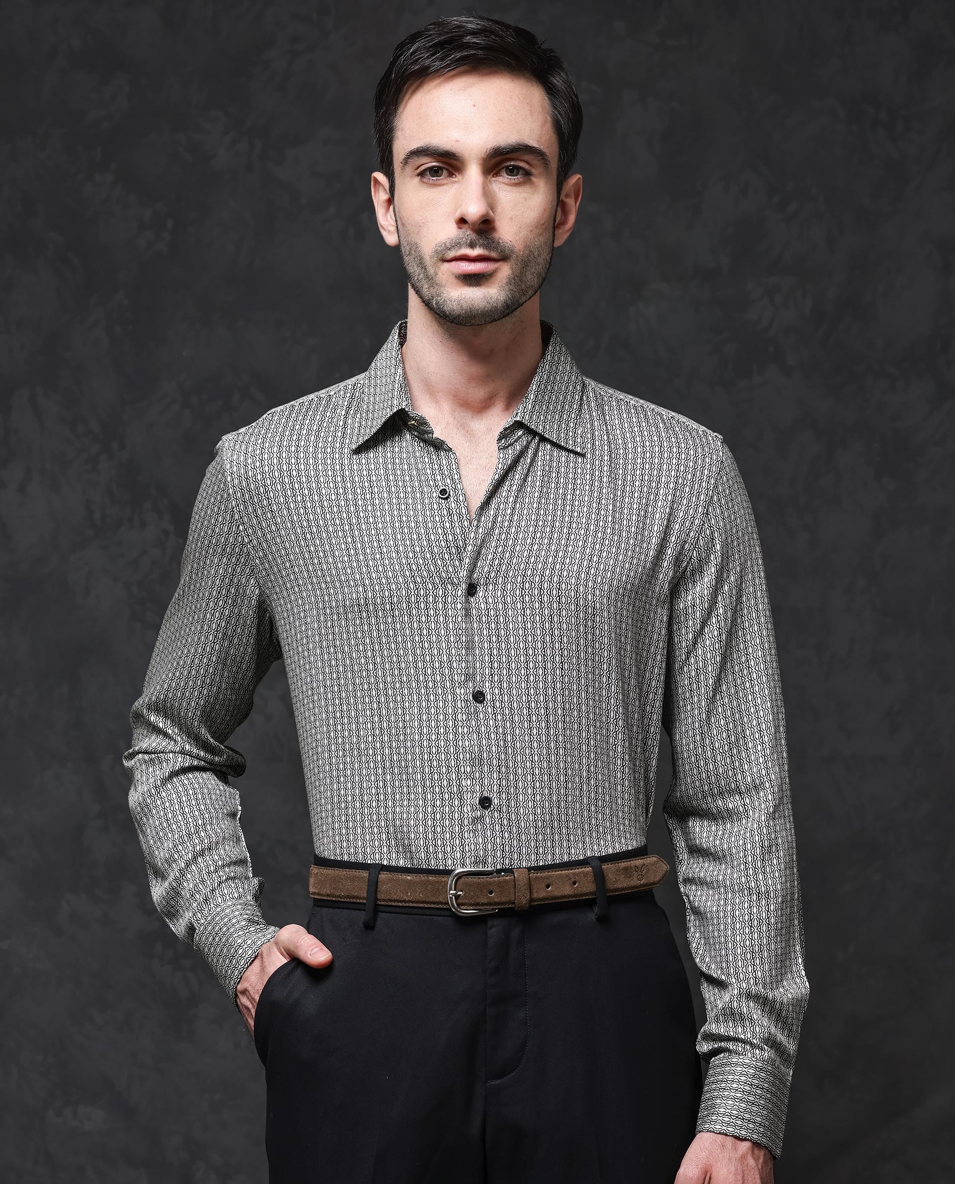 Rare Rabbit Men's Ceroz Beige Viscose Geometric Print Regular Fit Full Sleeve Collared Shirt - Image 2