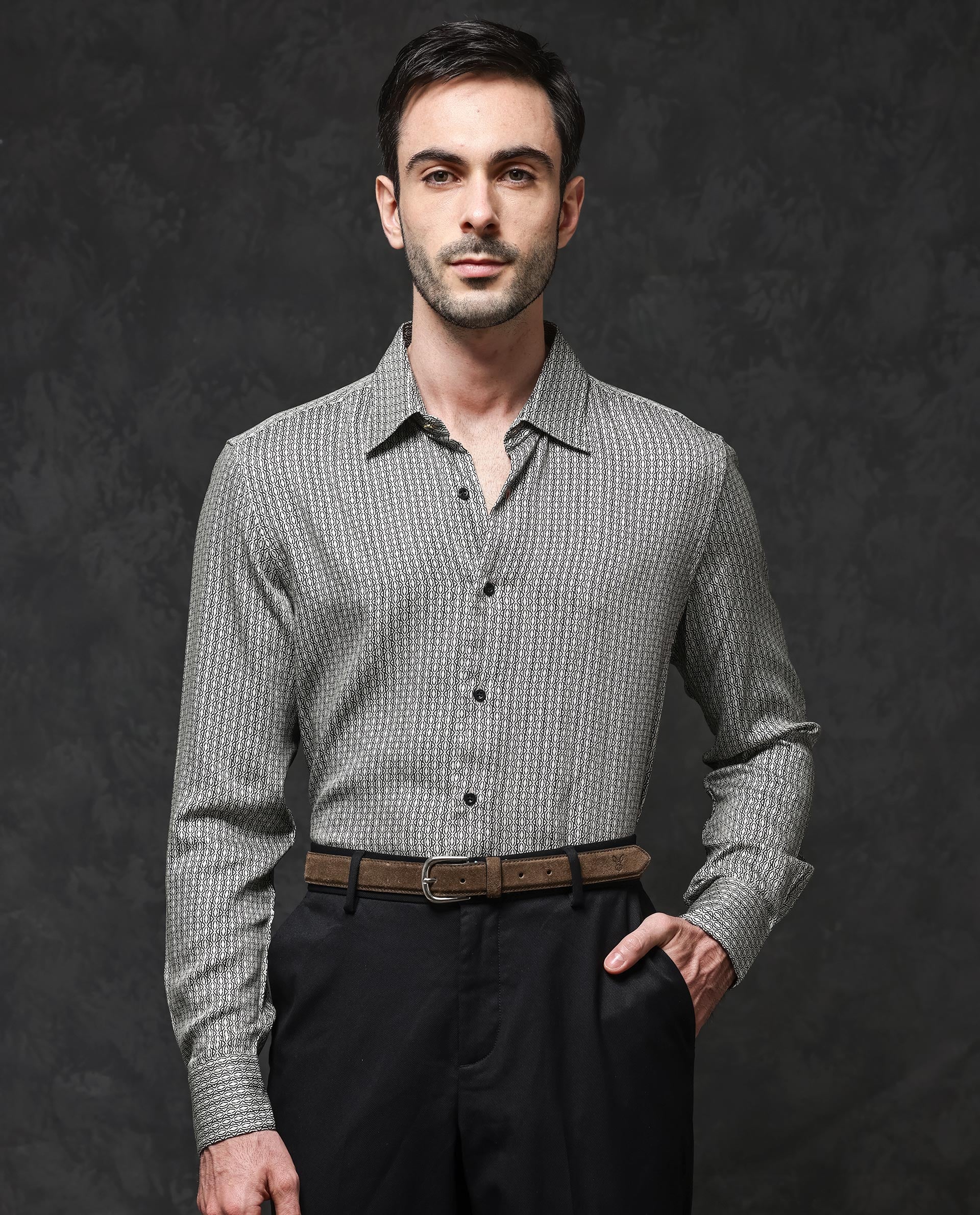 Rare Rabbit Men's Ceroz Beige Viscose Geometric Print Regular Fit Full Sleeve Collared Shirt - Image 4