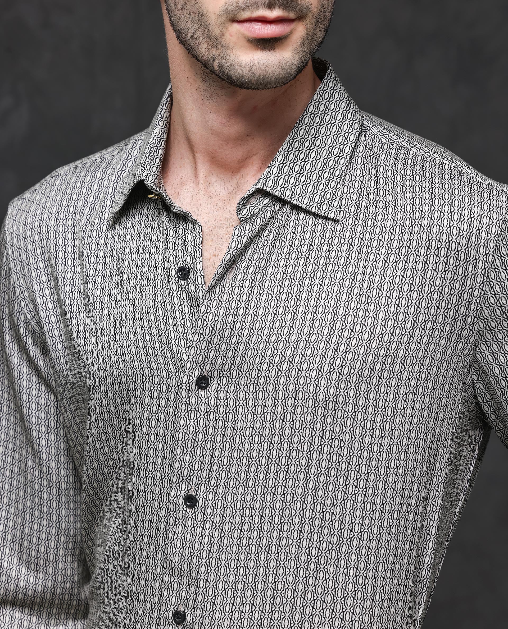 Rare Rabbit Men's Ceroz Beige Viscose Geometric Print Regular Fit Full Sleeve Collared Shirt - Image 6